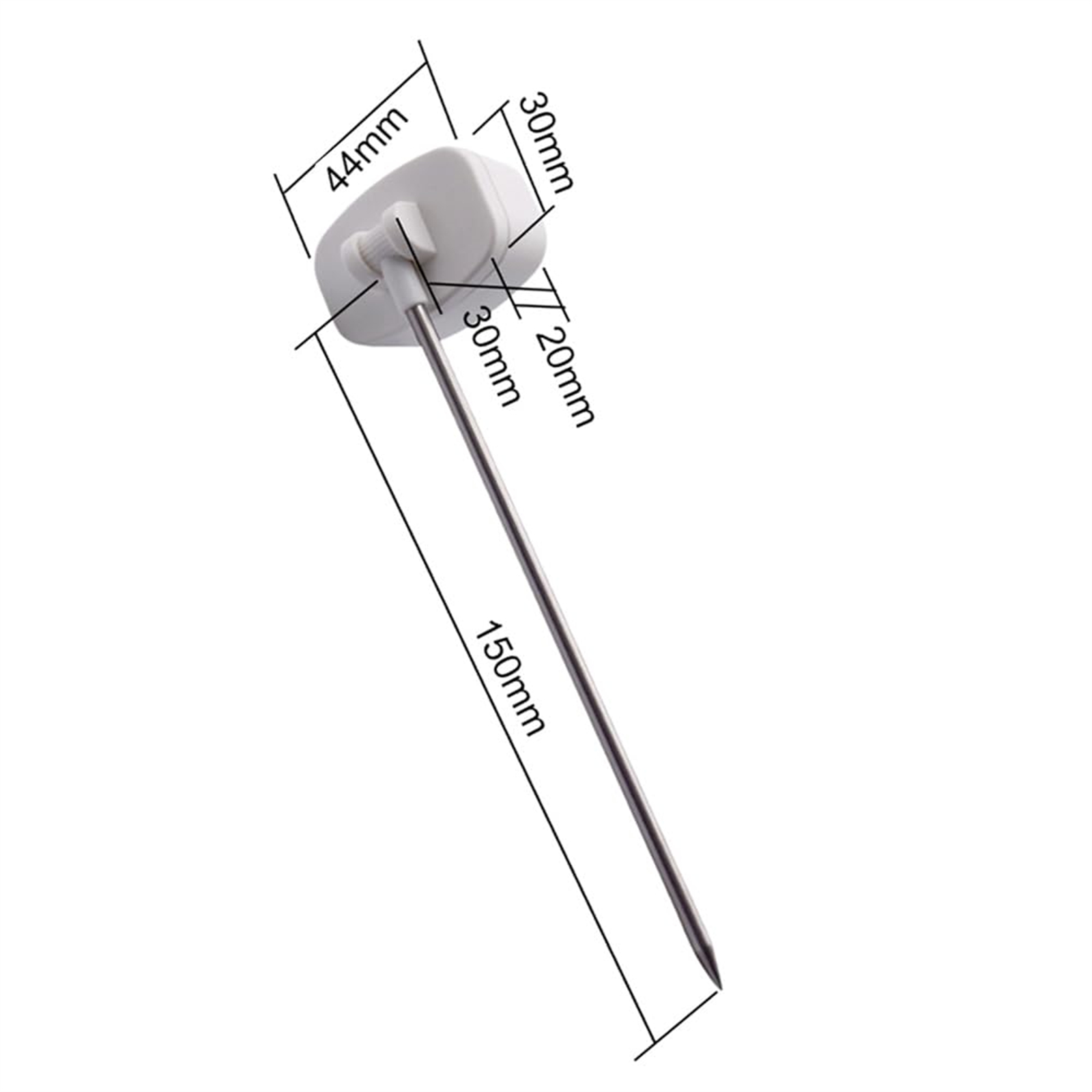 Ein weißes Kunststoffgerät mit Metallstift und den Maßen: 44 mm, 30 mm, 150 mm, 20 mm.