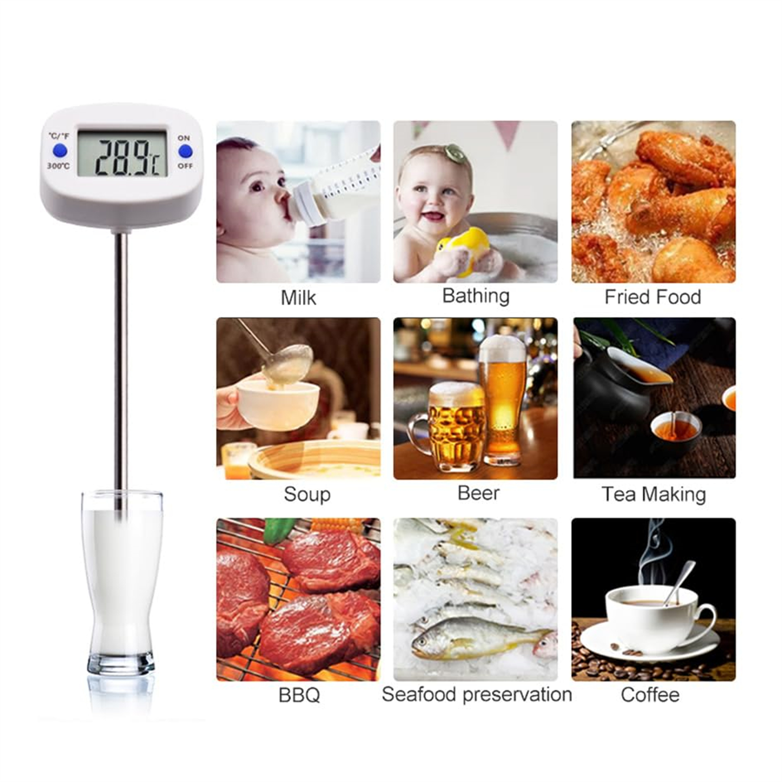 Ein Thermometer und verschiedene Essensbilder: Milch, Baden des Babys, frittiertes Essen, Suppe, Bier, Tee, Grillen, Fisch und Kaffee.