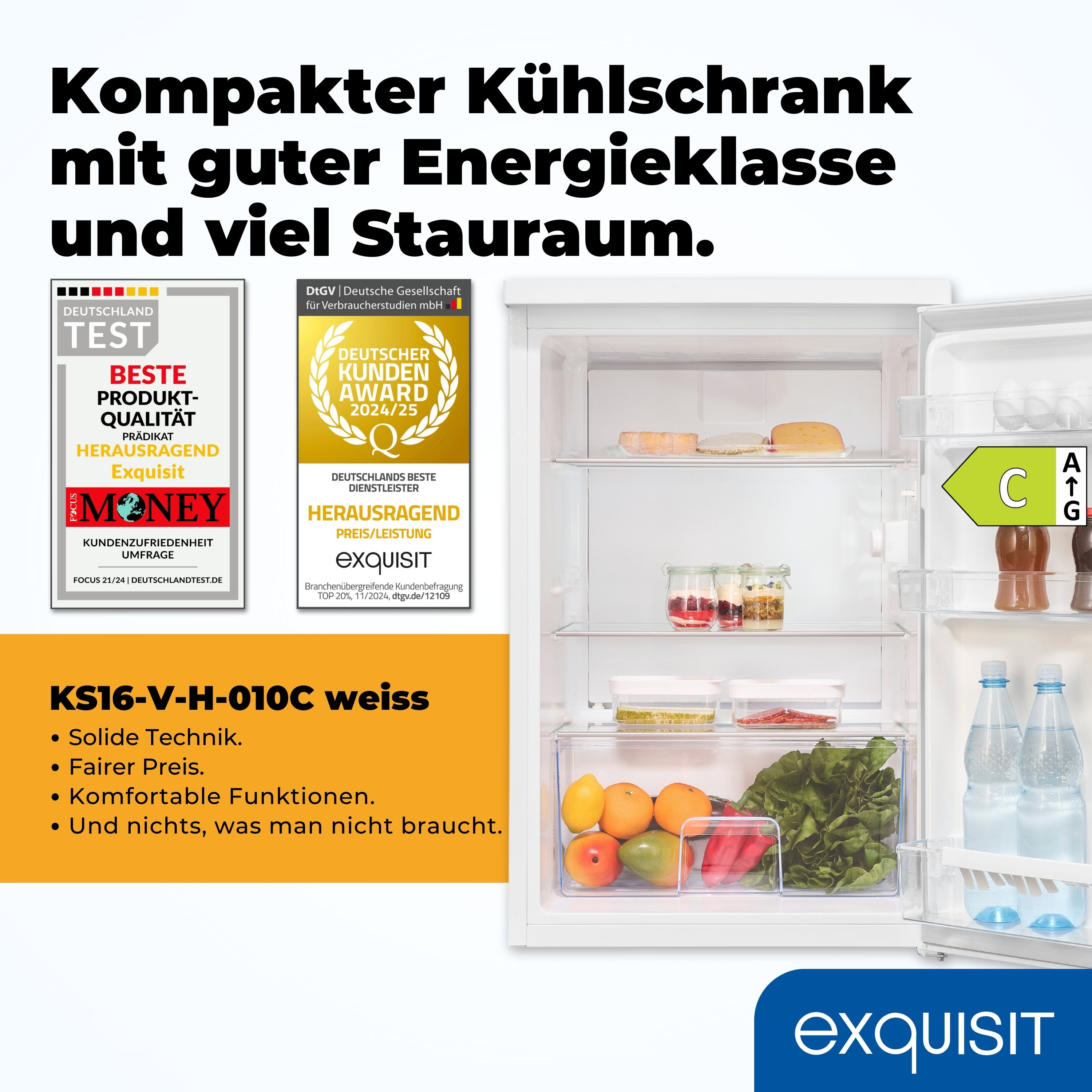 Ein weißer Kühlschrank mit Auszeichnungen, Essen im Inneren und Text auf Deutsch über Energieeffizienz und Stauraum.
