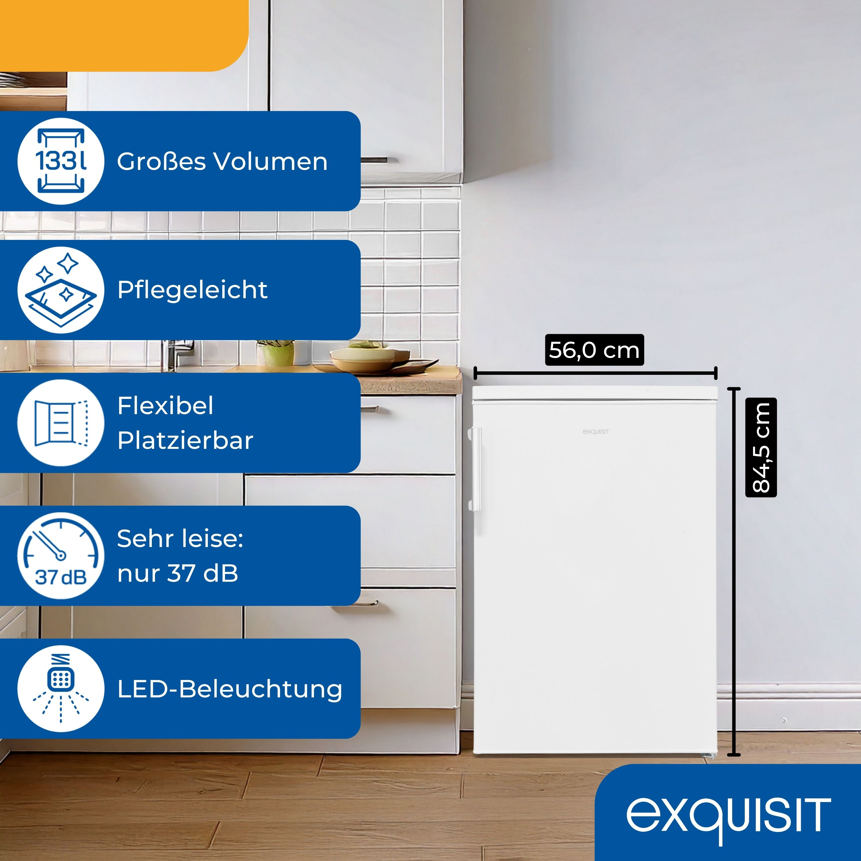 Ein weißer Kühlschrank vor weißem Hintergrund, mit Abmessungen.