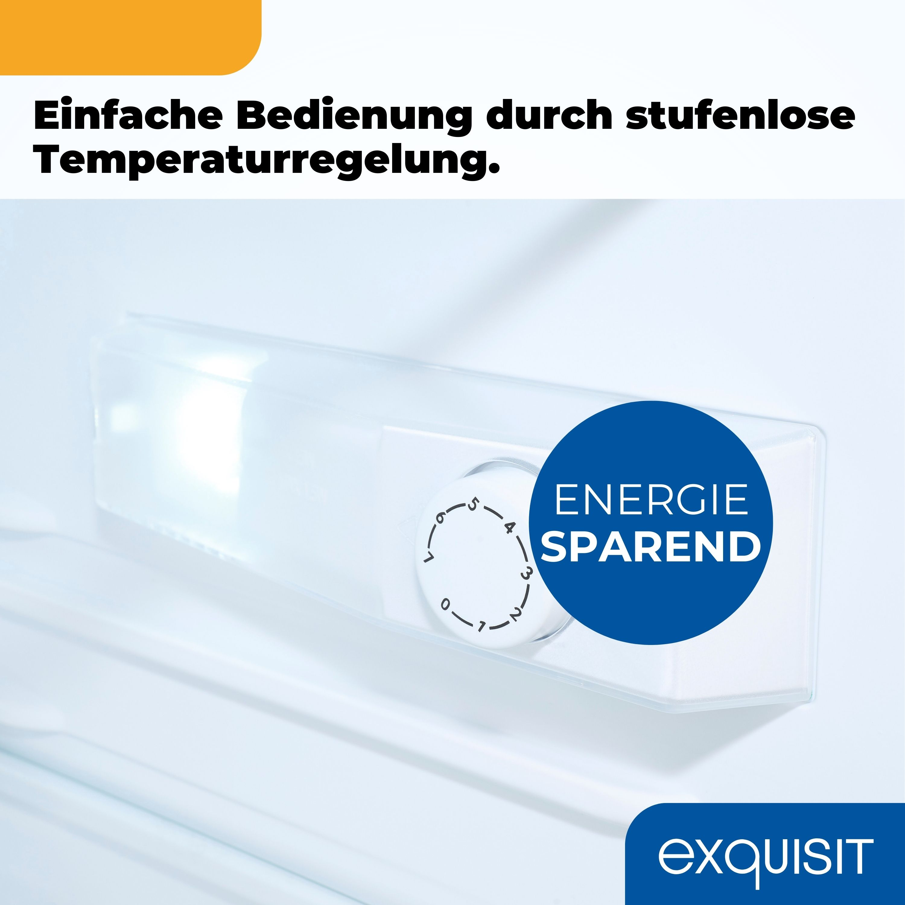 Nahaufnahme eines weißen Bedienfelds mit Drehknopf. Blauer Kreis und Text. Weißer Hintergrund.