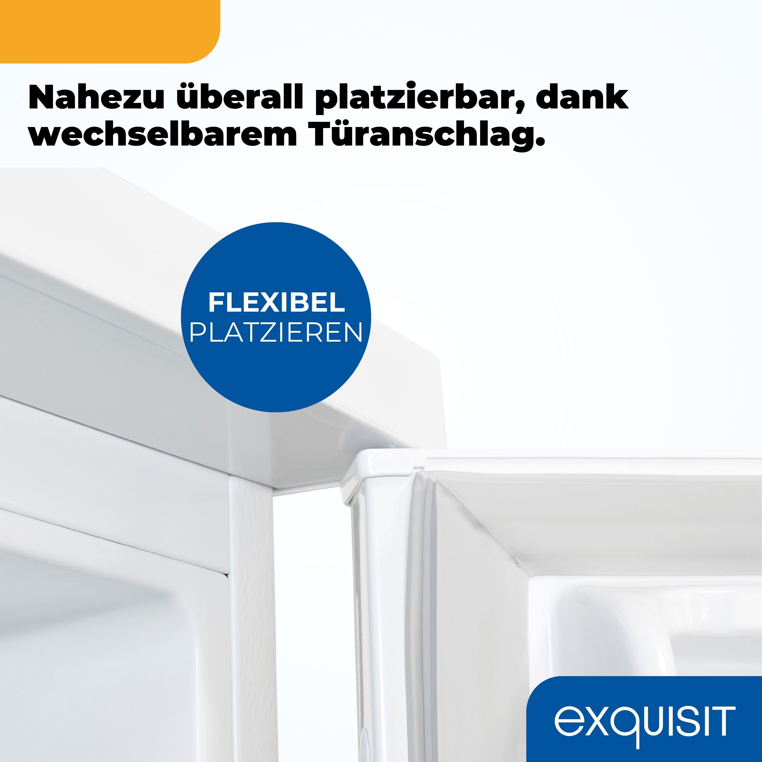 Nahaufnahme einer weißen Kühlschranktür, mit blauem Kreis und Text. Weißer Hintergrund.