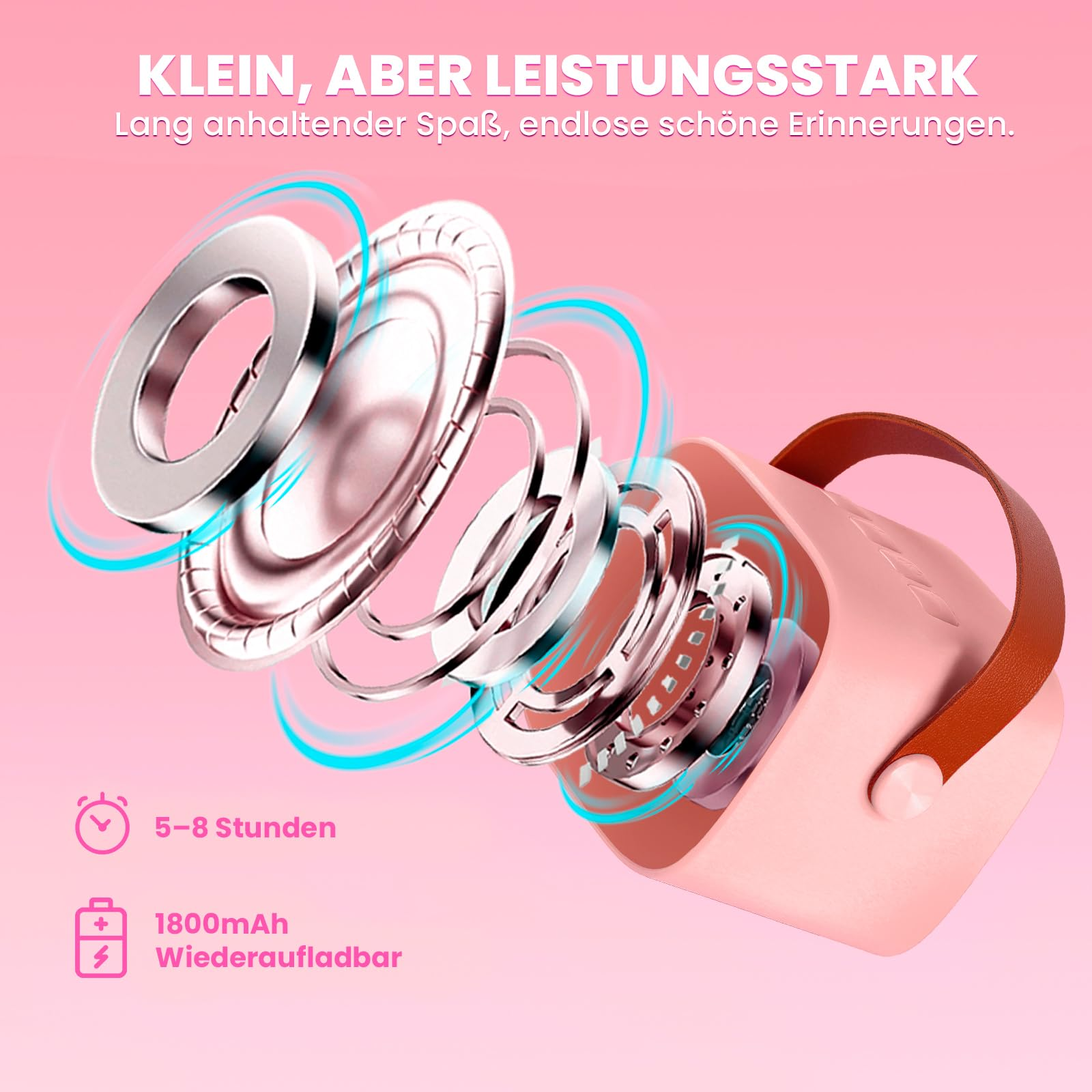 Explosionszeichnung eines rosa Lautsprechers, mit Text und Symbolen. Rosa Hintergrund.