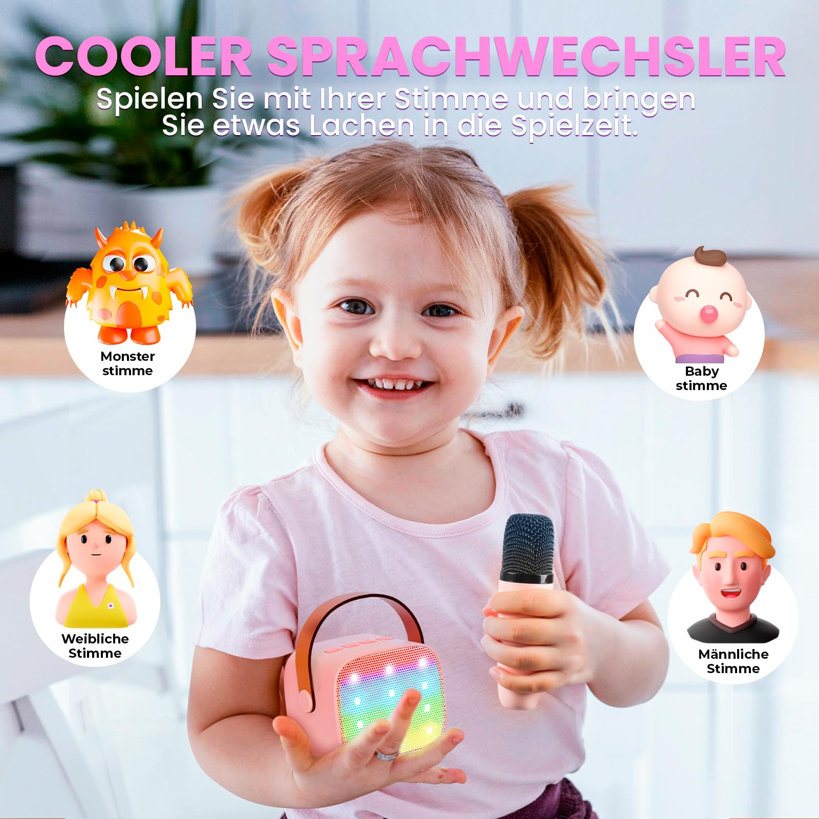 Ein Mädchen mit Mikrofon und Karaoke-Maschine mit verschiedenen Zeichentrickfiguren und Text.