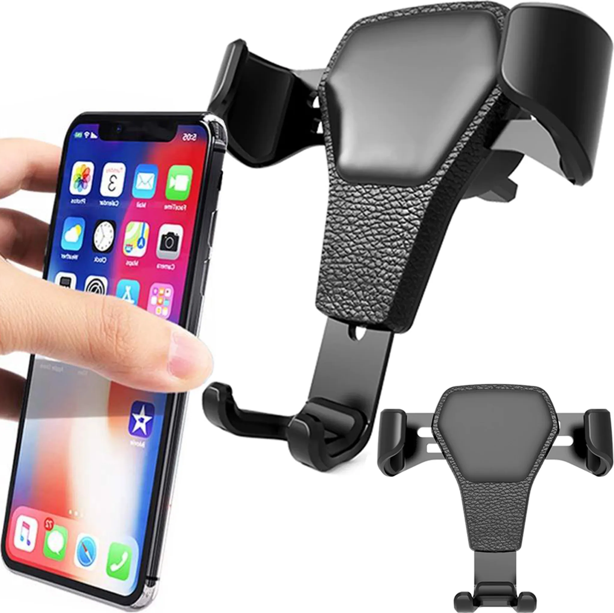 Hand, die ein Smartphone hält, in der Nähe einer Kfz-Telefonhalterung mit Telefonhalte- und Basis.