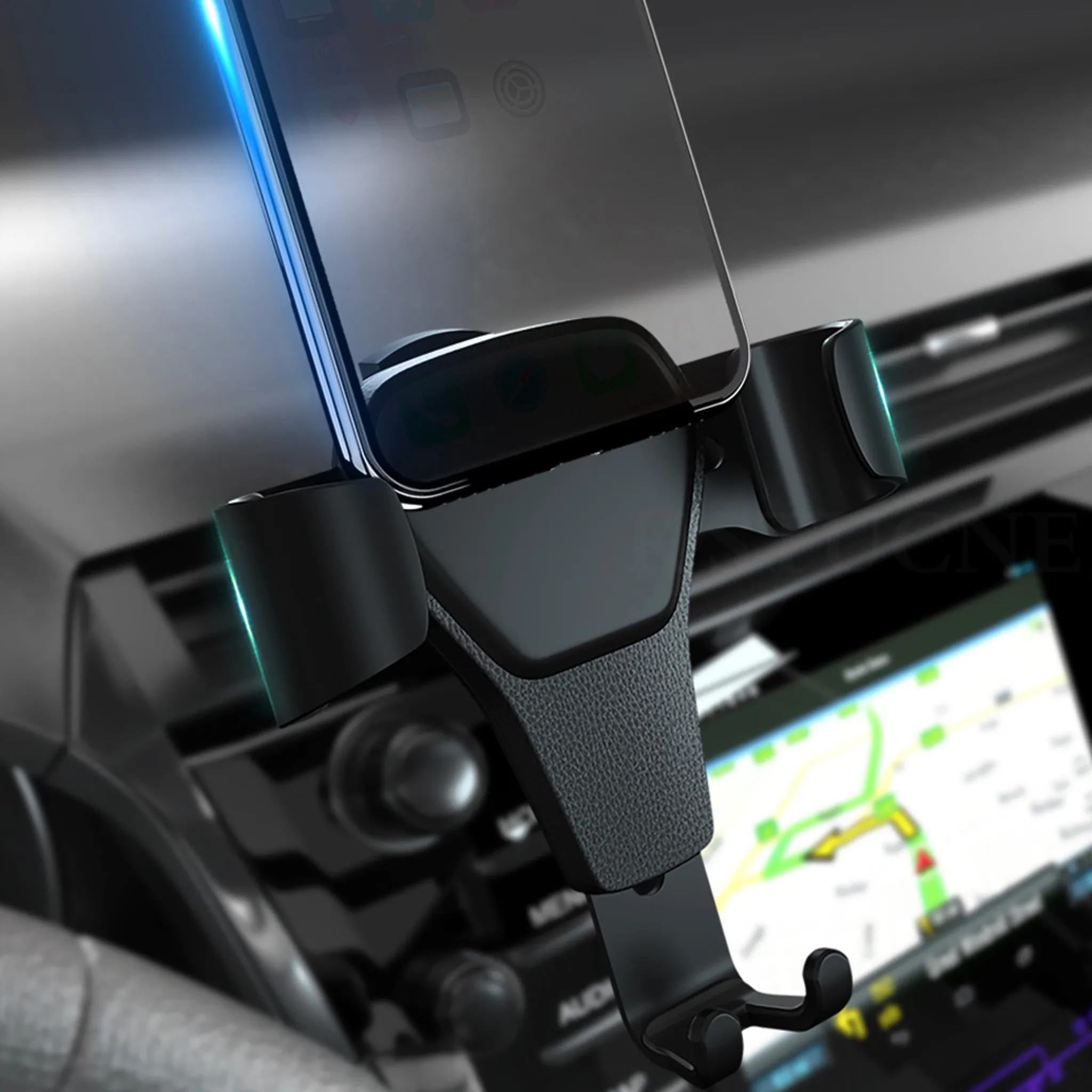 Kfz-Handyhalterung mit Telefon. Sie ist schwarz und befindet sich auf dem Armaturenbrett und der AC-Lüftung des Autos.