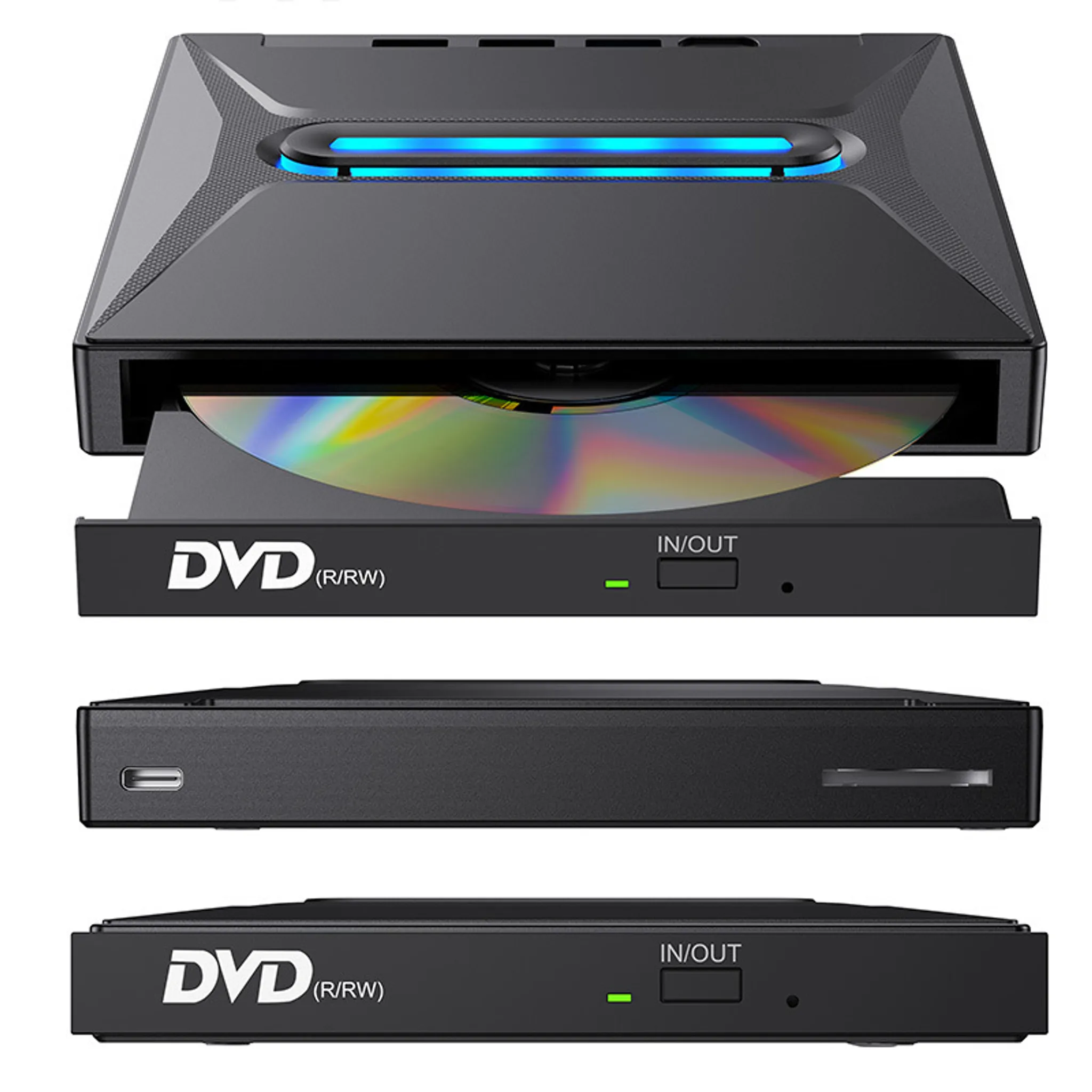 Schwarzes DVD-Laufwerk mit blauem Licht, CD und DVD-Logo. Auf weißem Hintergrund.