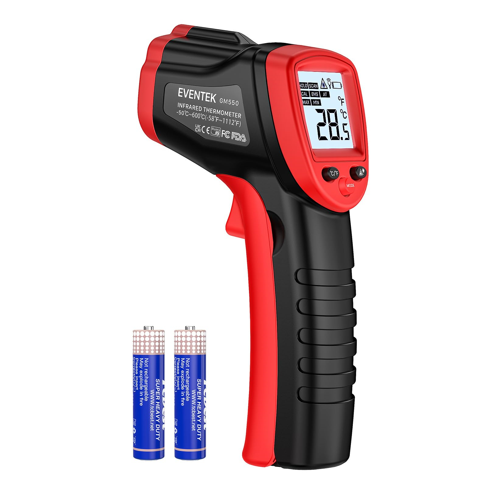 Schwarz-rotes Thermometer mit Batterien und Digitalanzeige mit Temperatur.