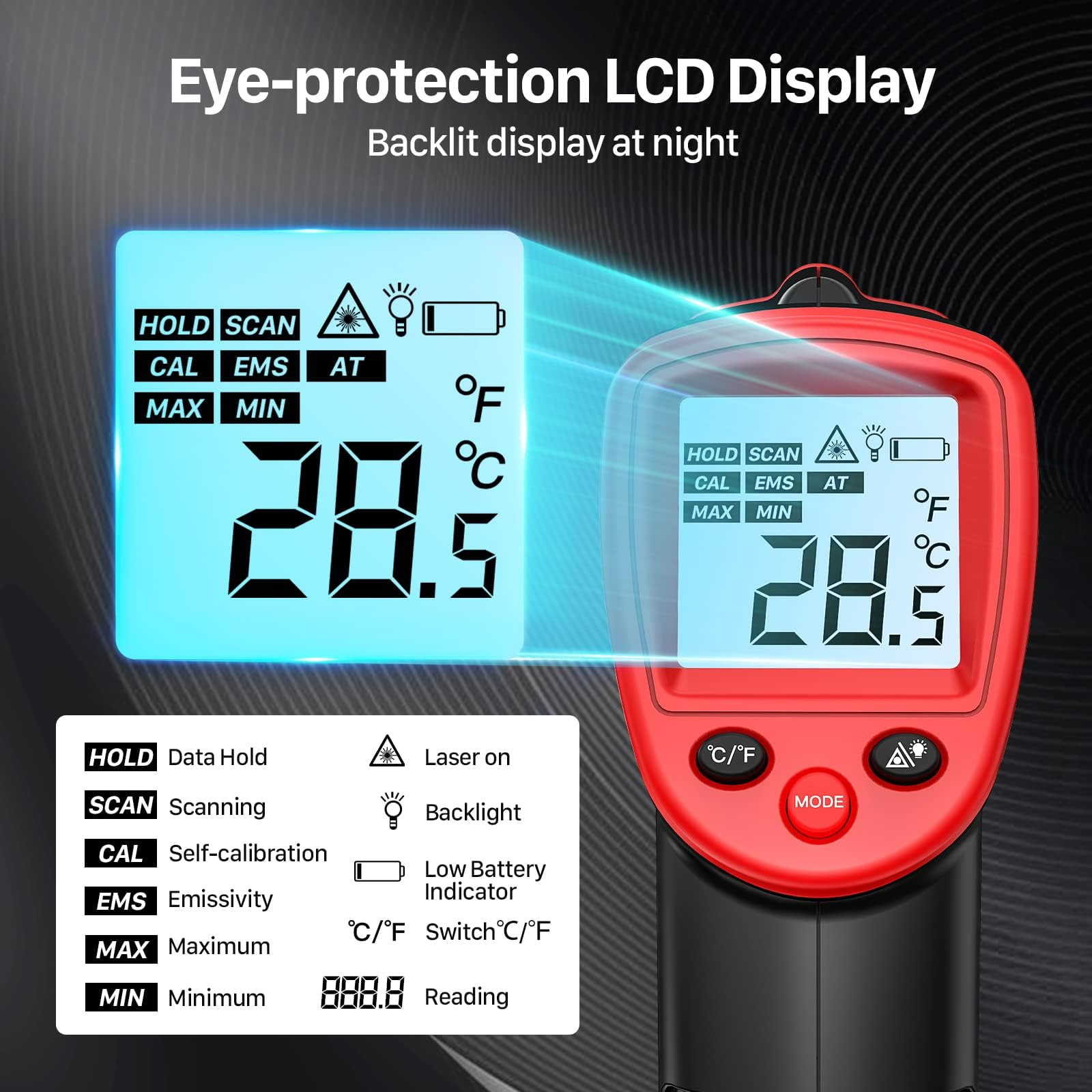 Digitales Thermometer mit zwei Anzeigen, die Temperaturmesswerte und Textbeschriftungen zeigen.