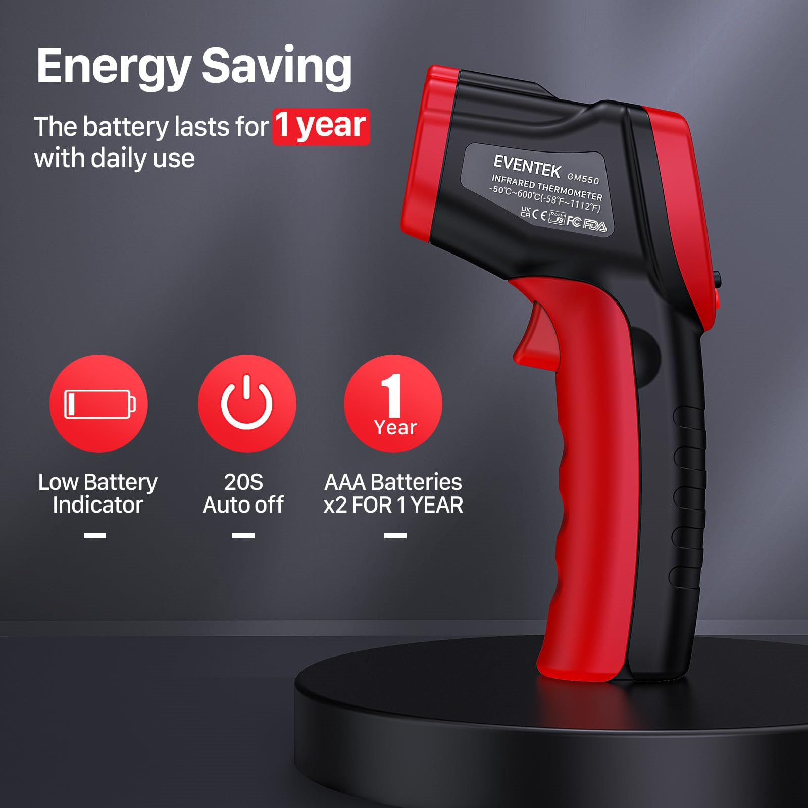 Schwarzes und rotes Thermometer mit Funktionssymbolen auf einem schwarzen Ständer, Text zur Energieeinsparung