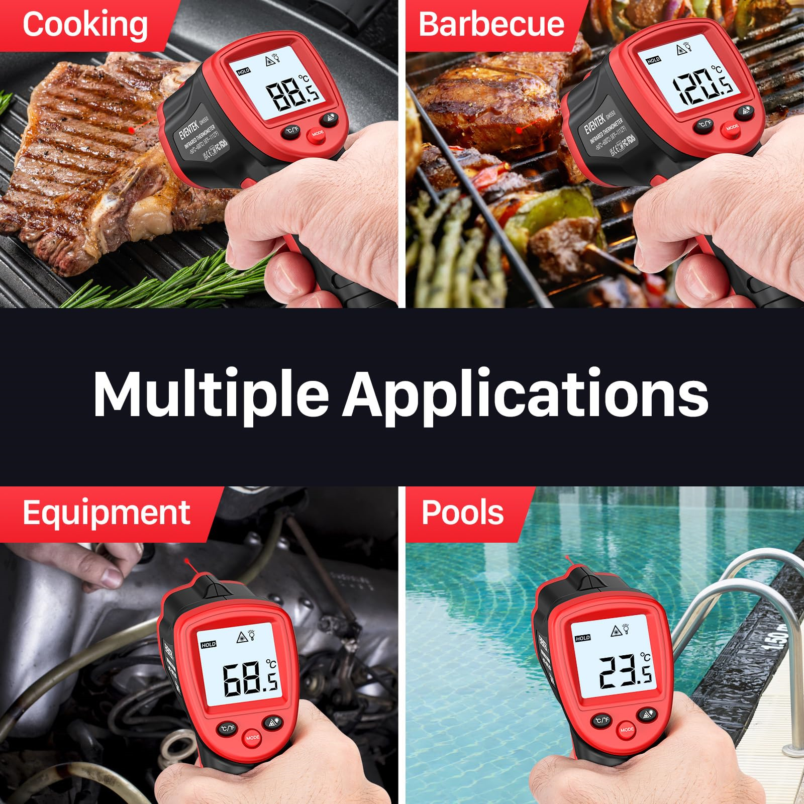 Thermometer bei der Verwendung zum Kochen, Grillen, für Geräte und Pools, mit Temperaturmesswerten.