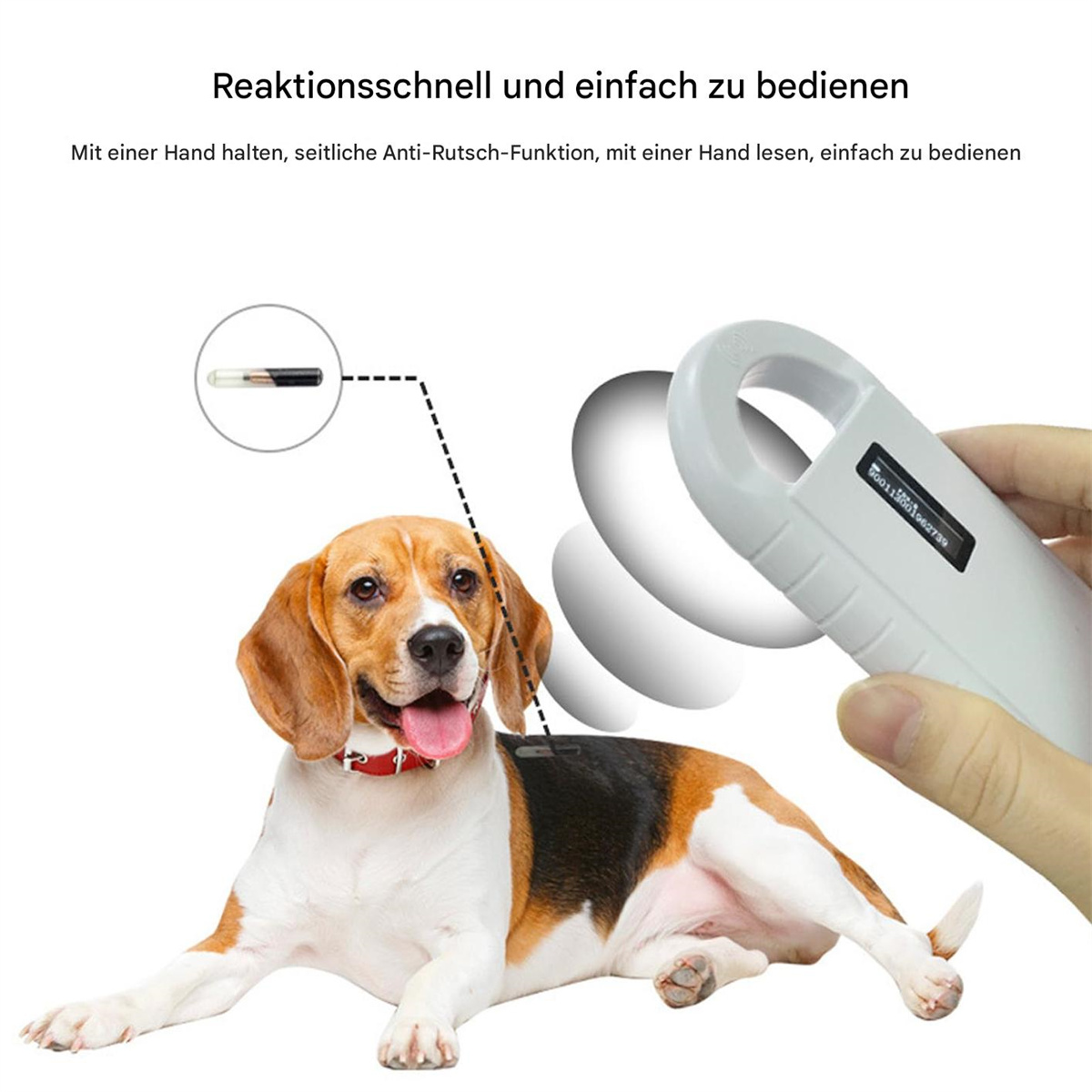 Hund mit Halsband und Lesegerät, mit Text über einfache Bedienung und Funktion.