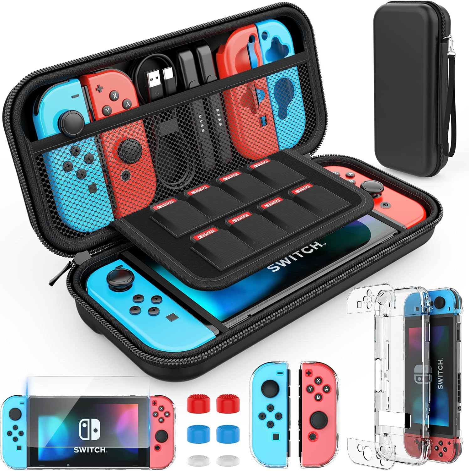 Ein schwarzer Koffer mit Switch, Controllern und Spielkarten. Zubehör wie Ladegeräte sind sichtbar.