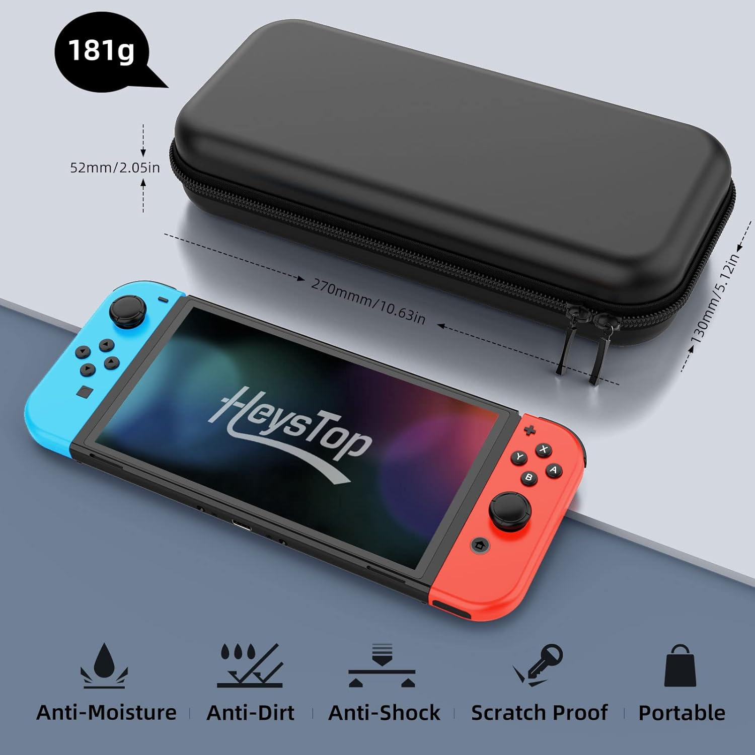 Schwarze Hülle und eine Spielekonsole. Die Konsole hat blaue und rote Controller mit Text: Anti-Feuchtigkeit, Anti-Schmutz und mehr.