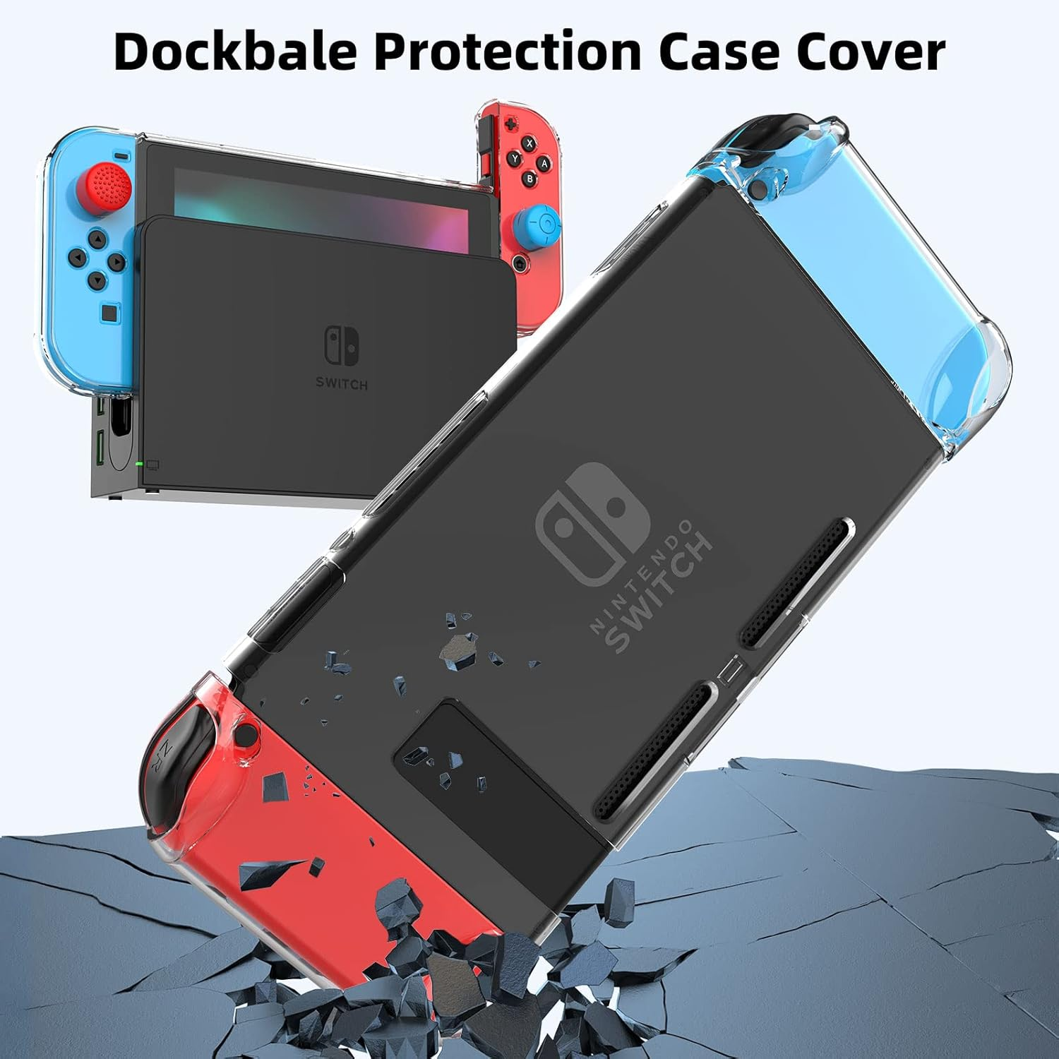 Gaming-Konsolen-Schutzhülle. Blau-roter Controller, Nintendo Switch und eine schwarze Hülle auf einer Oberfläche.