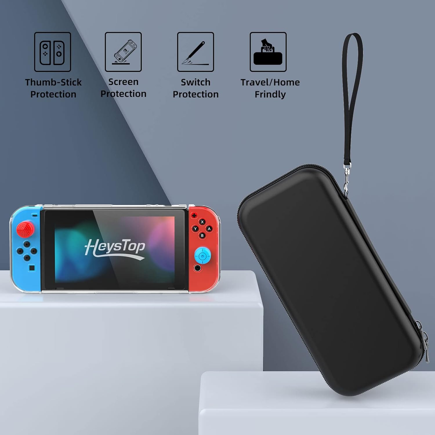 Eine Switch-Konsole in einer transparenten Hülle neben einer schwarzen Tragetasche, mit Symbolen darüber.