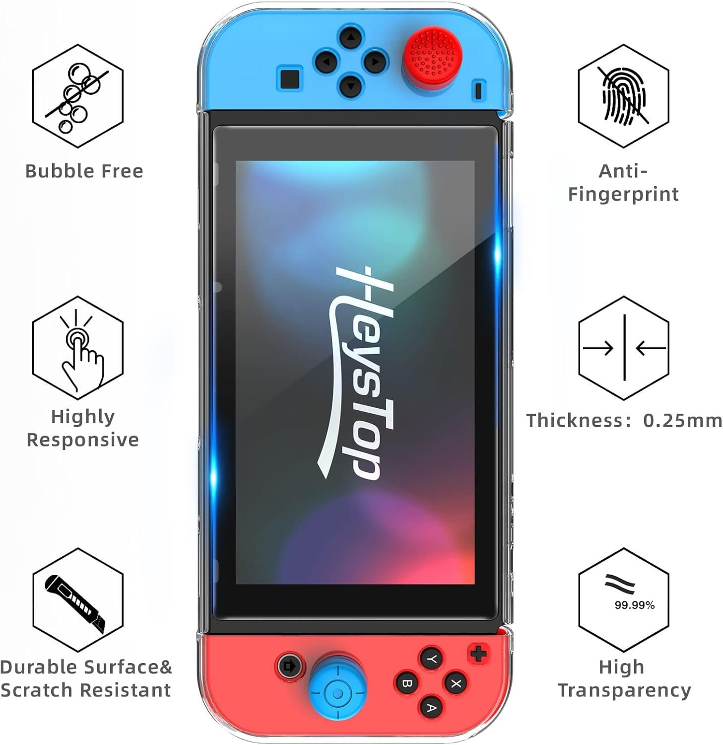 Eine Switch-Konsole mit Displayschutzfolie, die Funktionen wie Fingerabdruckresistenz zeigt.