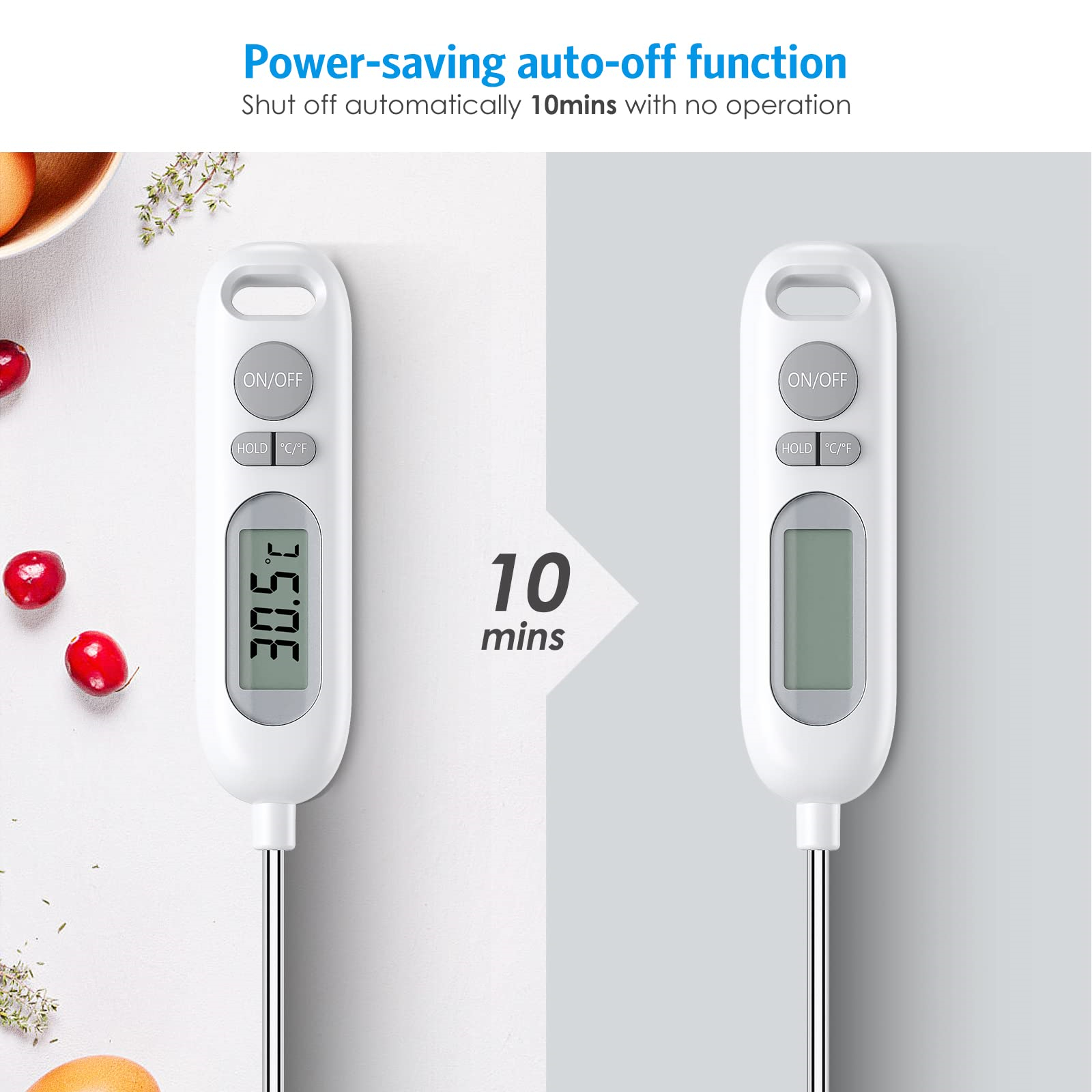 Ein weißes Kochthermometer mit Ein-/Aus-Taste. Zeigt die Temperatur auf dem Bildschirm an.
