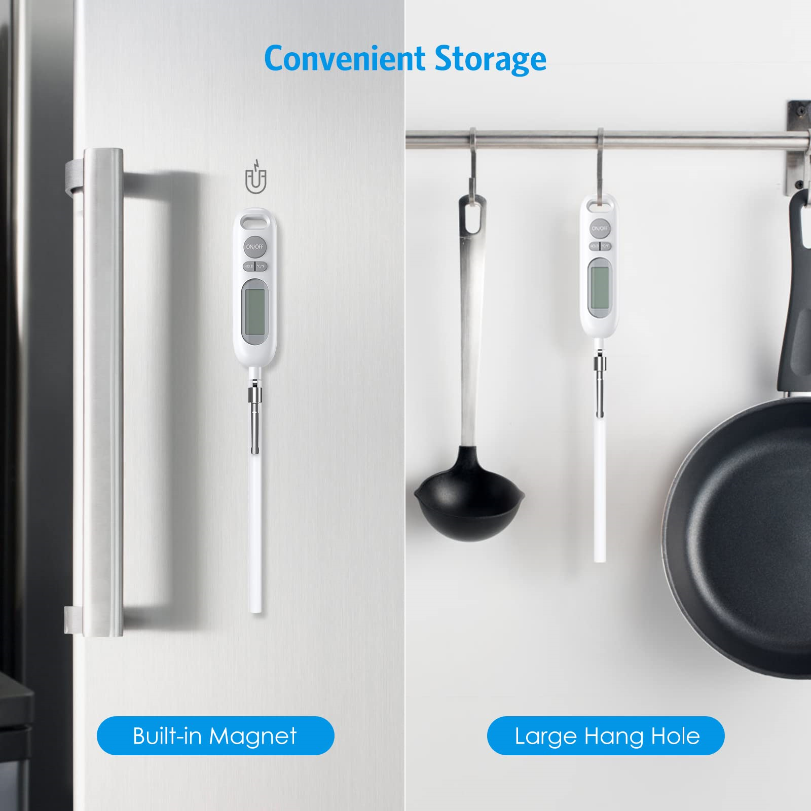 Zwei Thermometer hängen. Eines an einem Kühlschrank, das andere an einer Schiene. Der Hintergrund ist weiß.