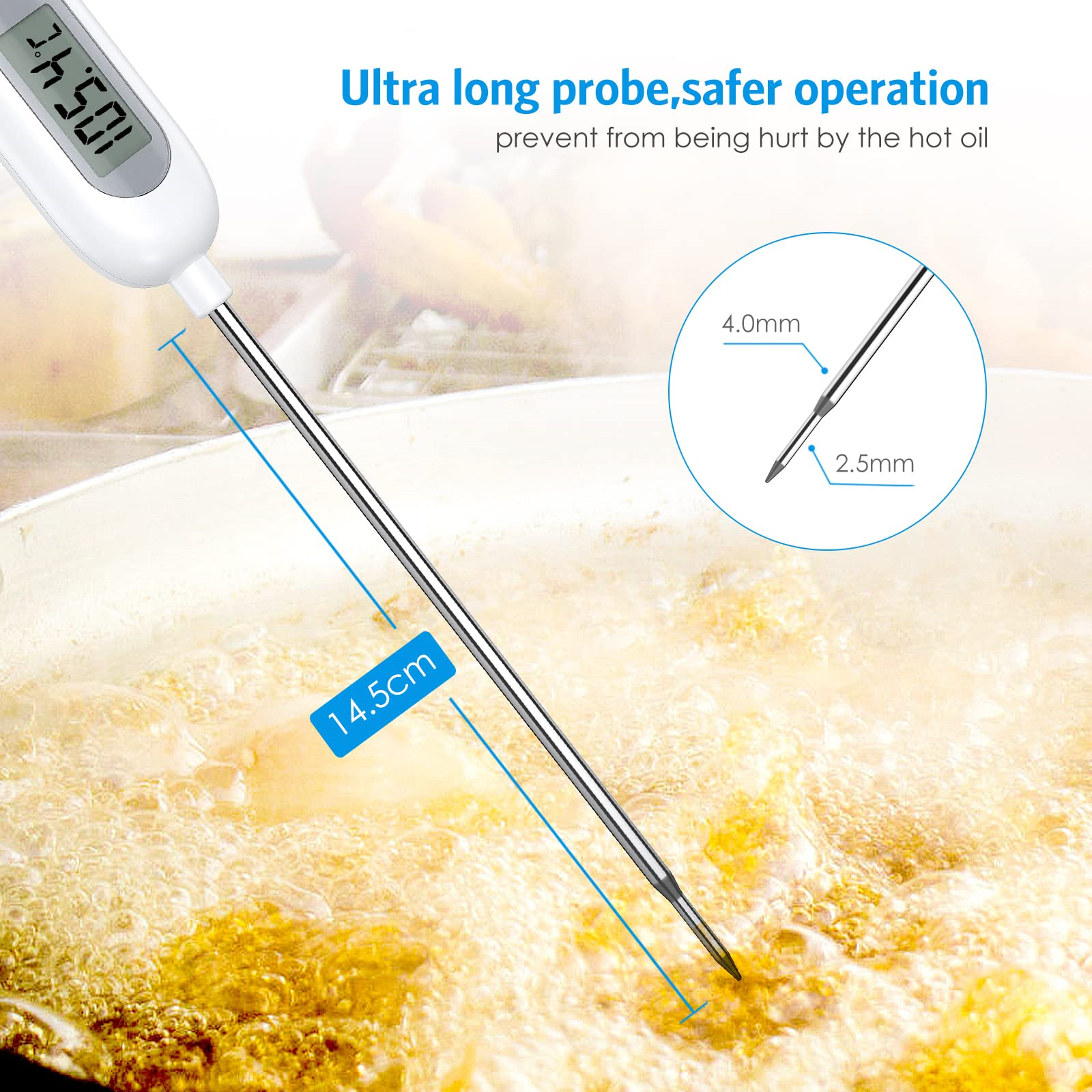 Ein Thermometerfühler in heißem Öl, mit den Abmessungen der Sonde gezeigt.