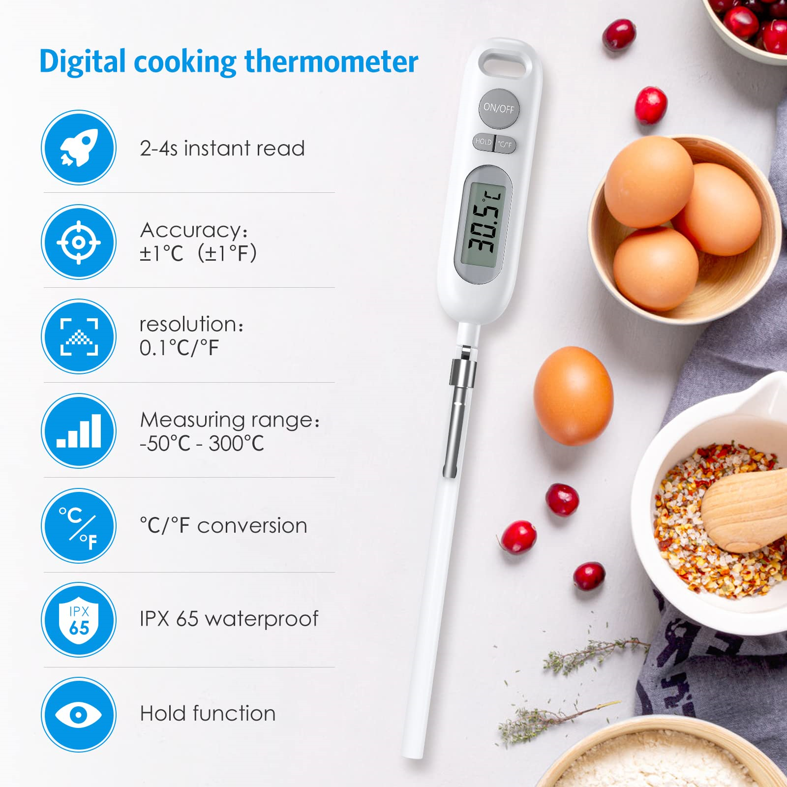 Ein Kochthermometer mit Details, einschließlich Genauigkeit, Bereich und Umrechnung.