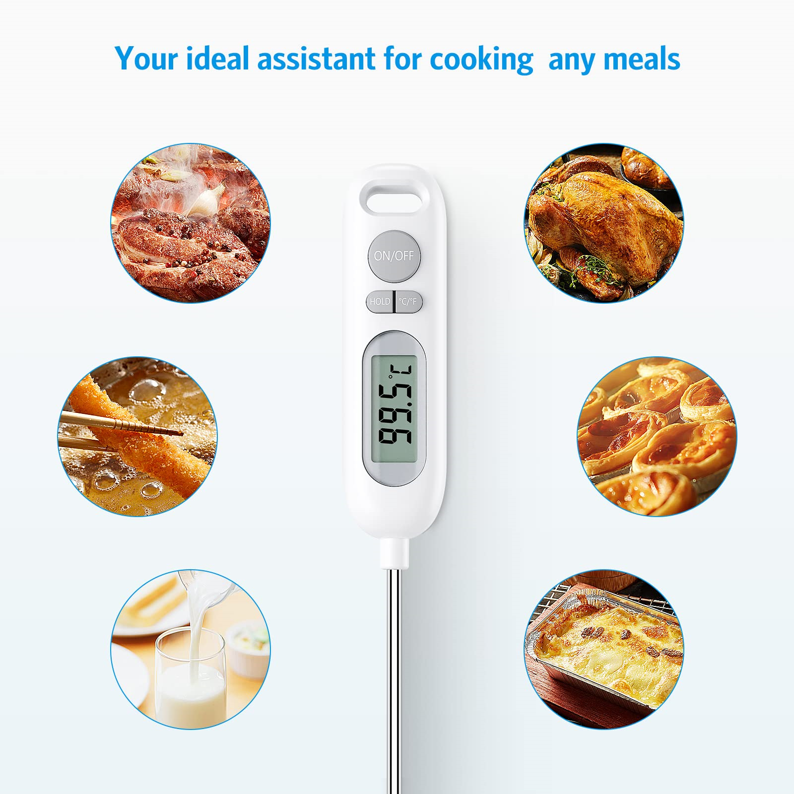 Ein Kochthermometer in verschiedenen Gerichten, darunter Steak, Frittiertes und Milch.