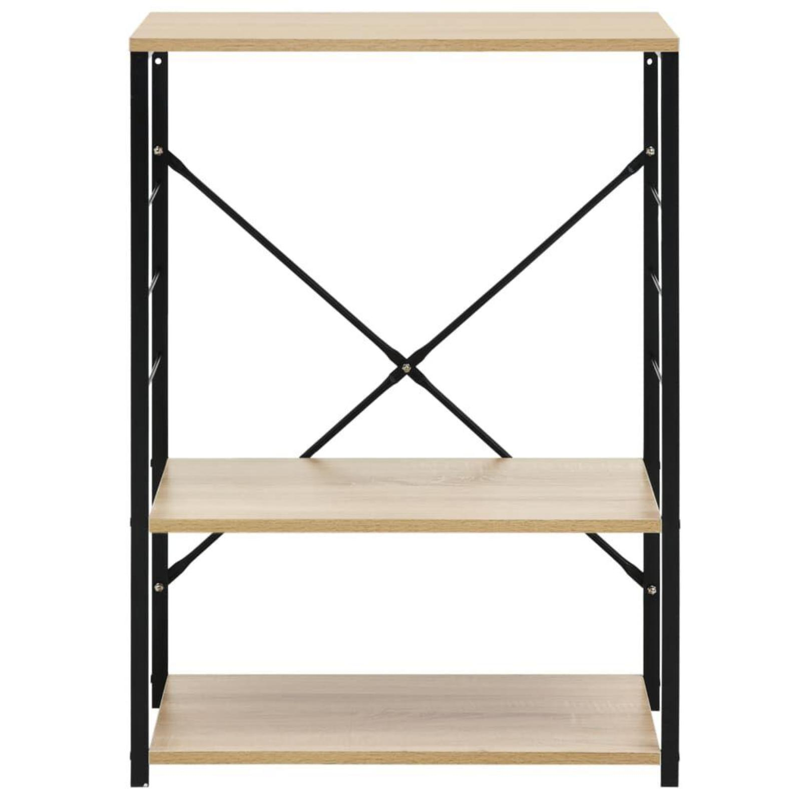 Ein dreistöckiges Holzregal mit einem schwarzen Metallrahmen wird gezeigt.