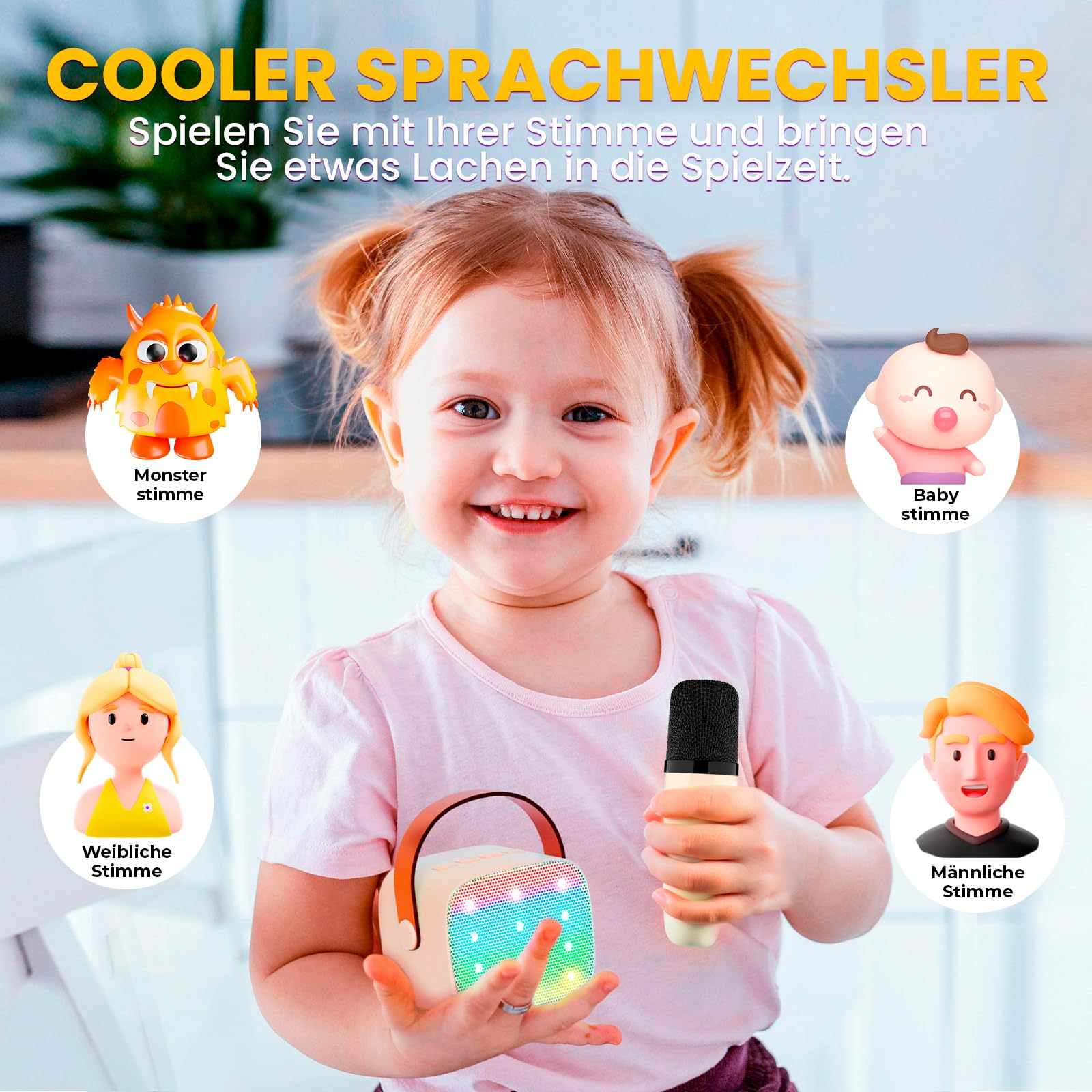 Ein lächelndes Mädchen, das einen Lautsprecher mit Lichtern hält. Grafiken und Text umgeben sie.