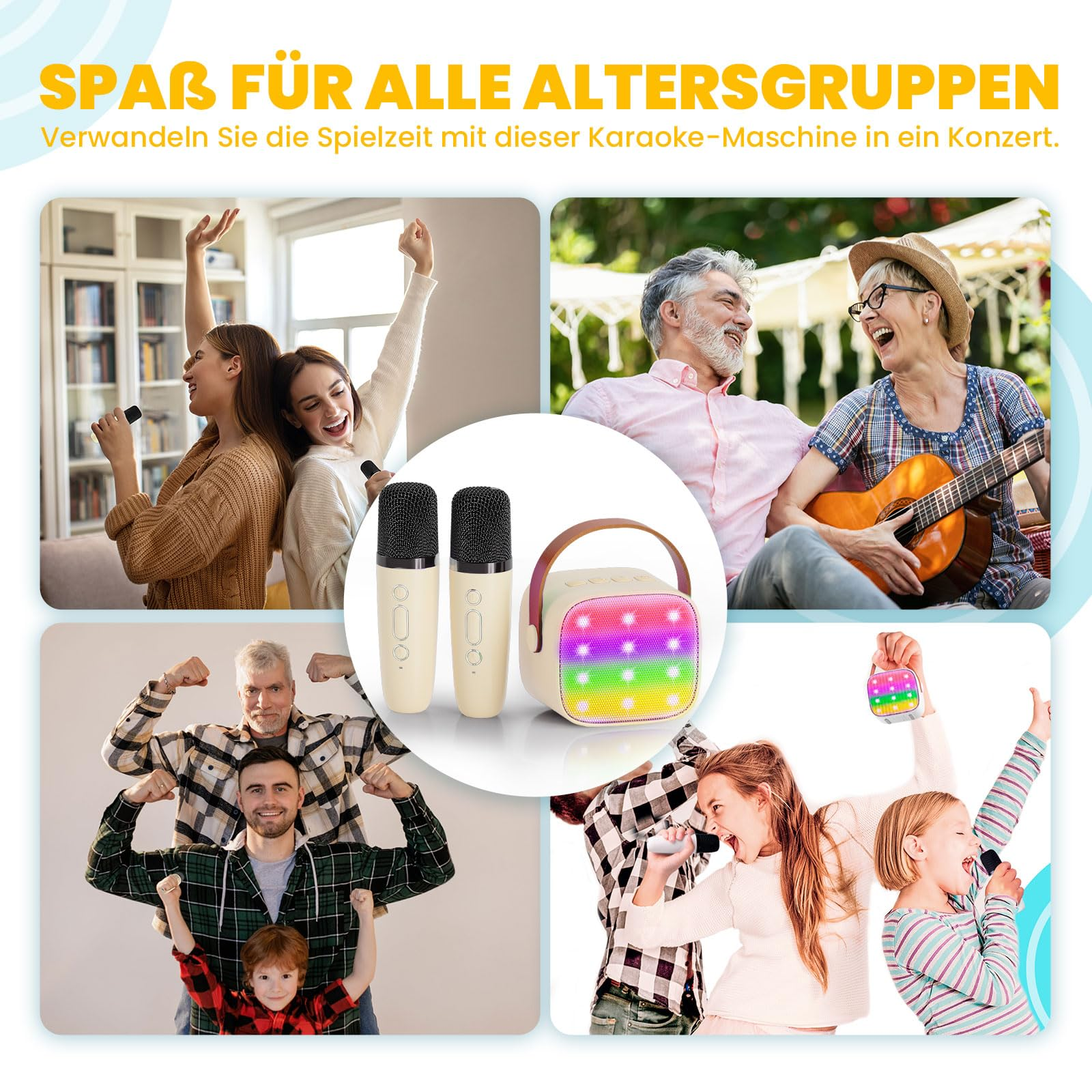 Mehrere Szenen, die Menschen jeden Alters zeigen, die eine Karaoke-Maschine benutzen.