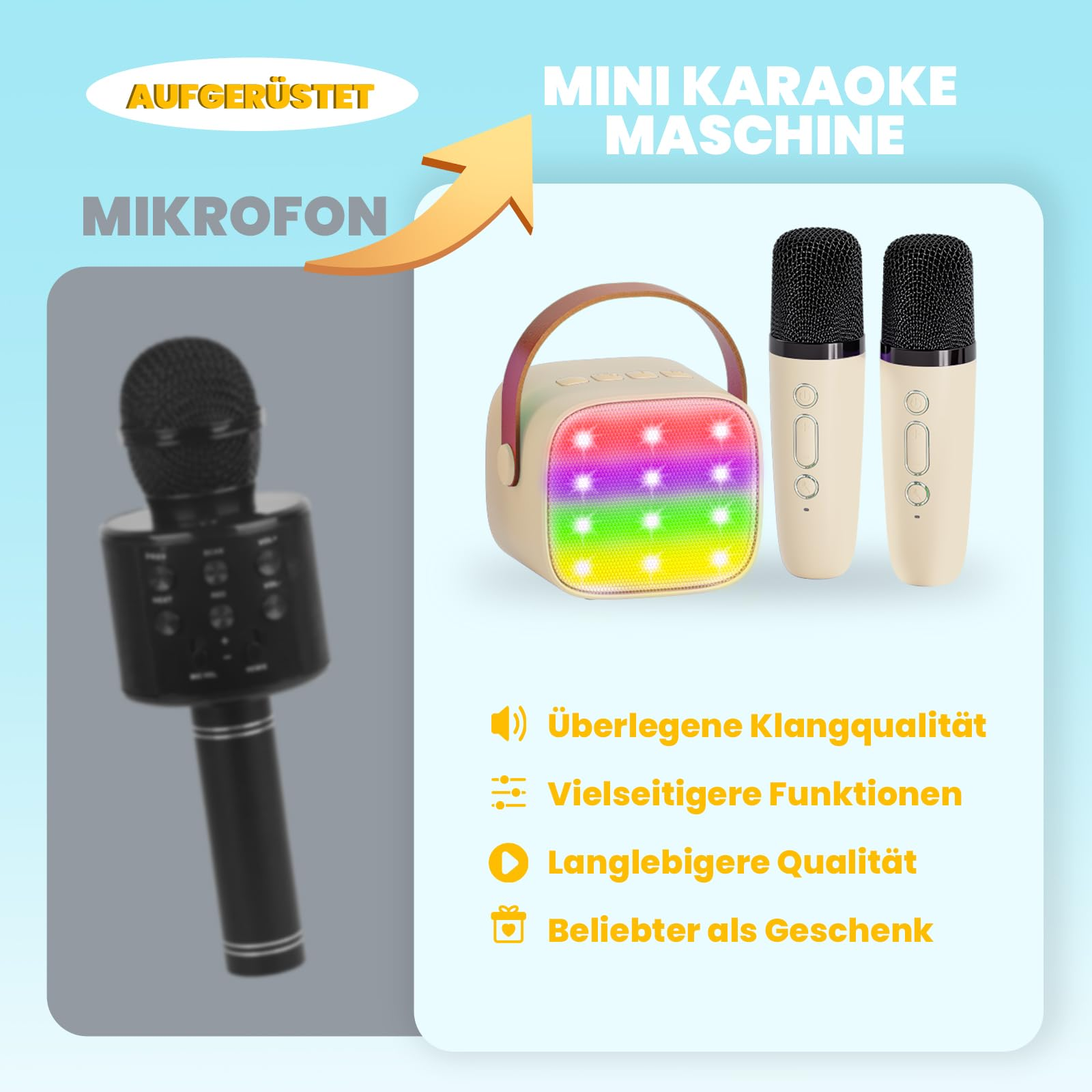 Eine Karaoke-Maschine mit Mikrofon, zwei weitere Mikrofone und Merkmale.