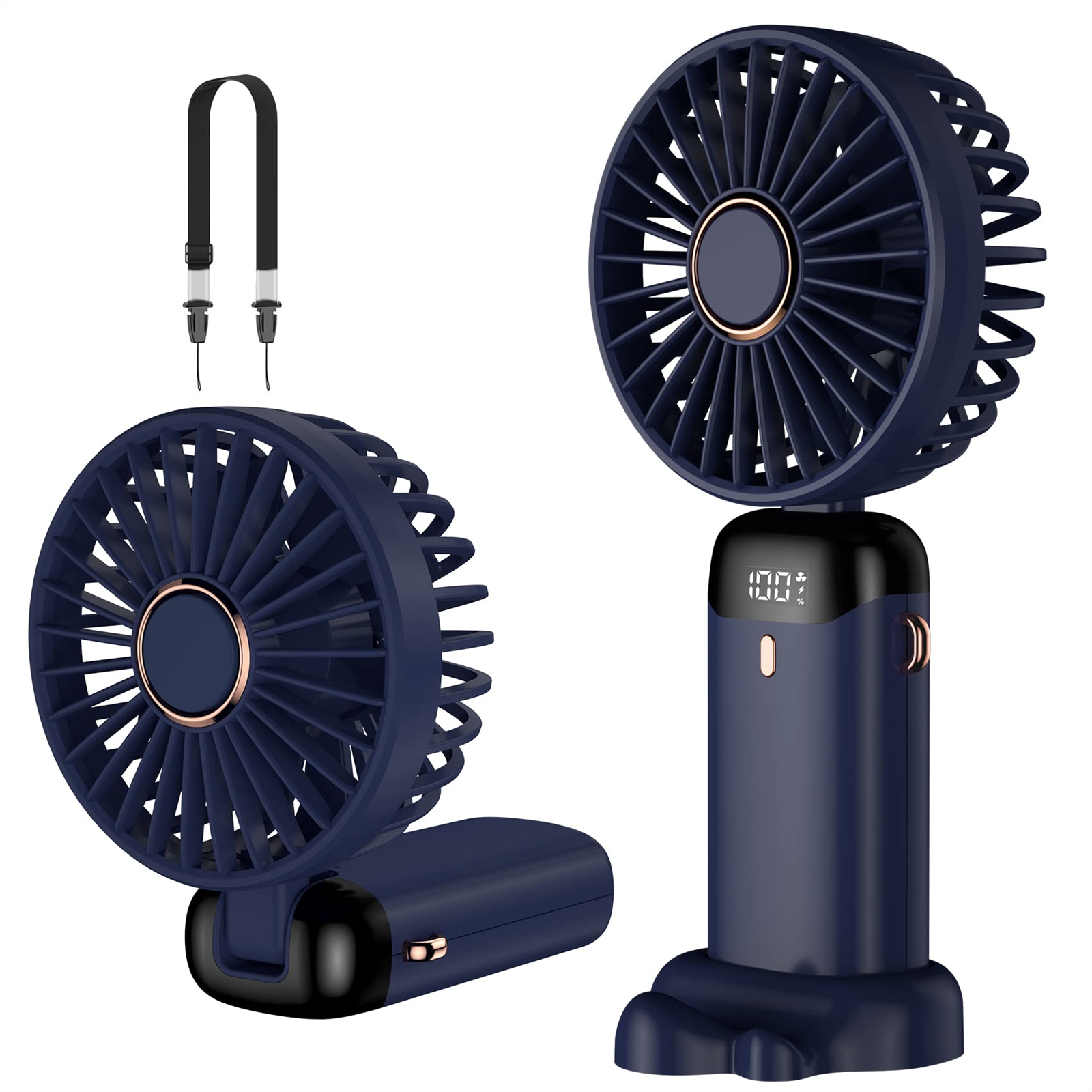 Zwei dunkelblaue tragbare Ventilatoren. Einer ist offen, einer ist geschlossen. Goldener Besatz.