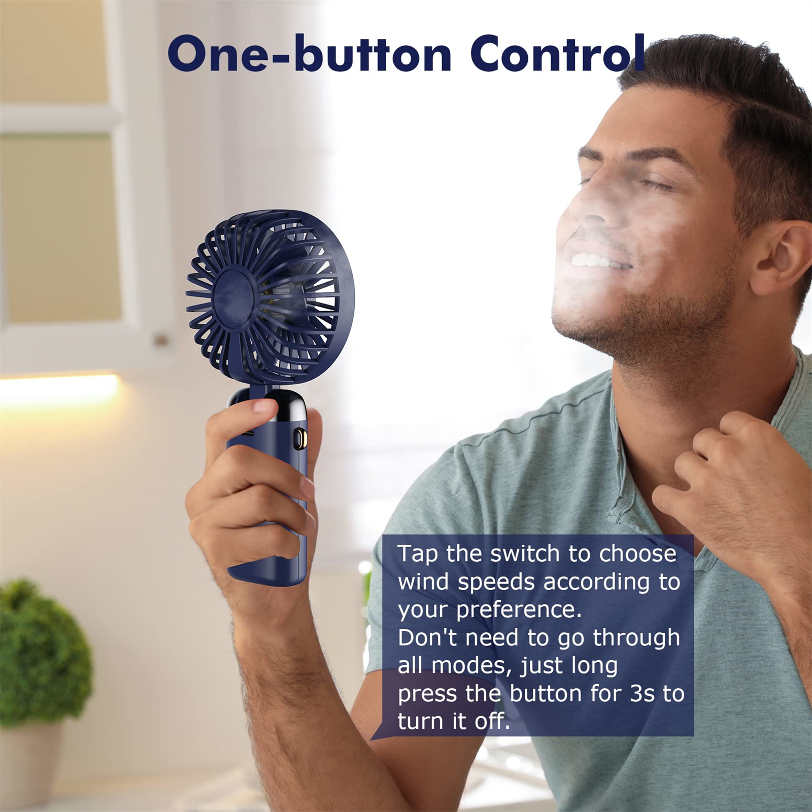Mann benutzt einen tragbaren Ventilator. Text: Tippen Sie auf den Schalter, um die Windgeschwindigkeiten auszuwählen.