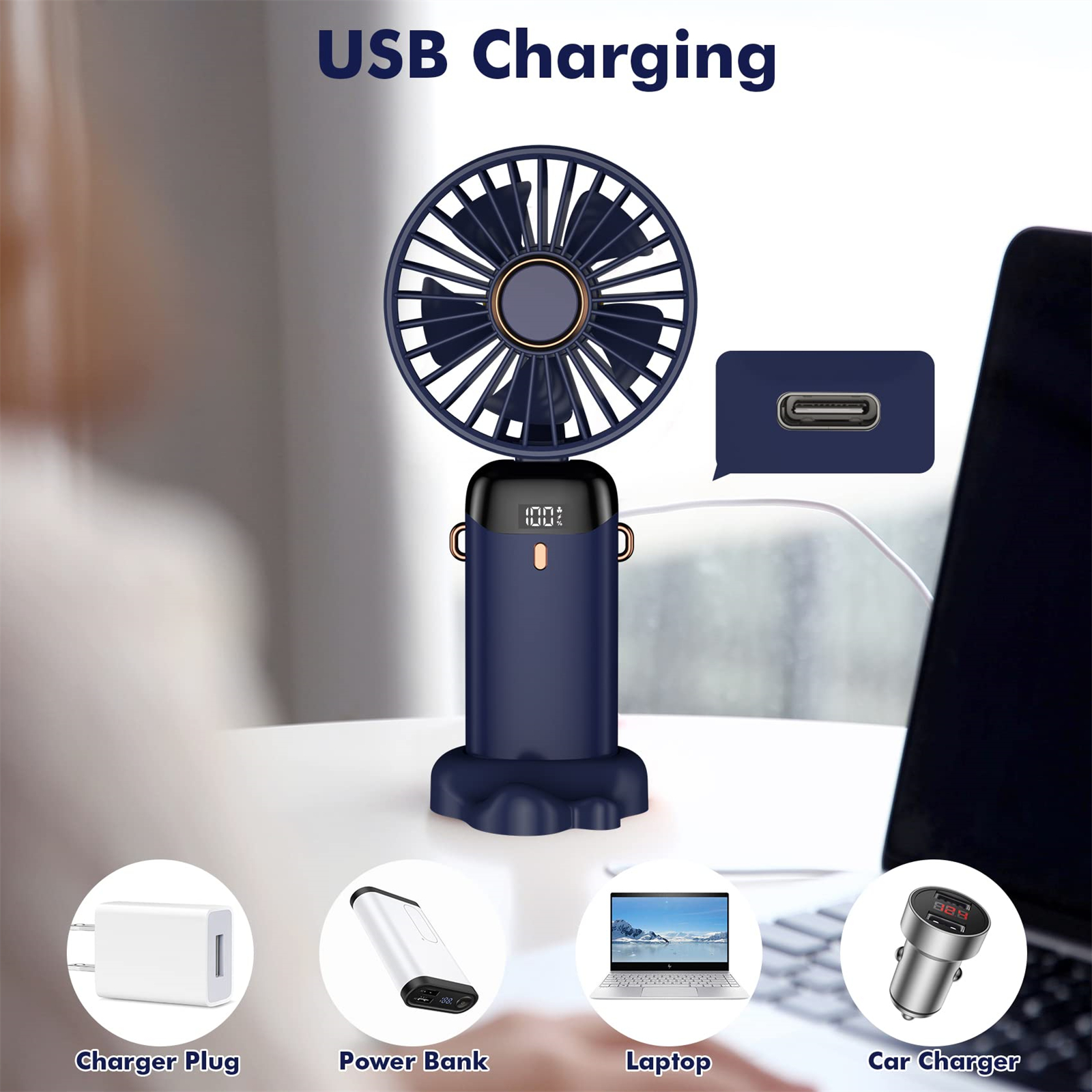 Ein blauer Ventilator wird über USB aufgeladen. Zusätzliche Bilder zeigen Ladegerät, Powerbank, Laptop und Autoladegerät.