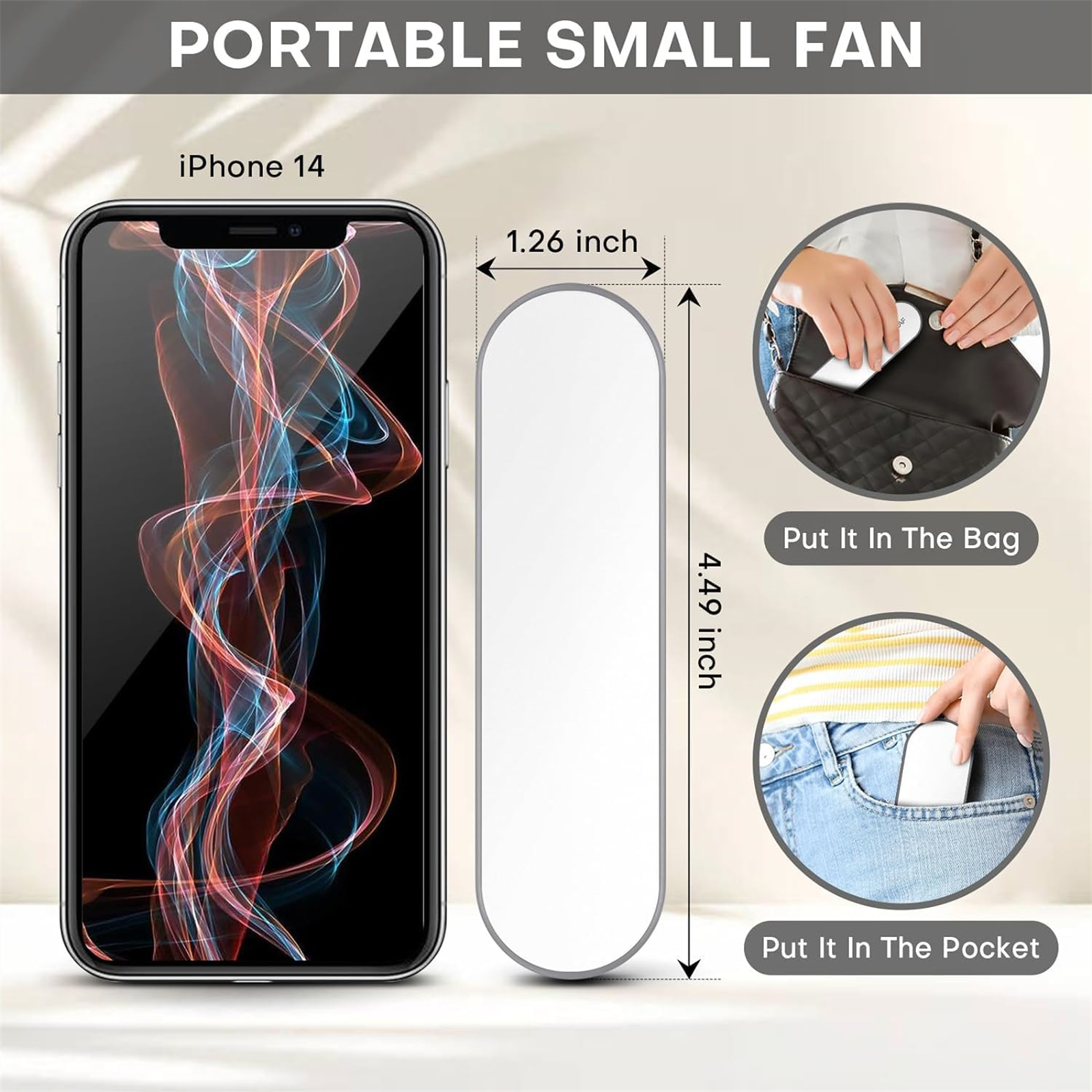 Ein Telefon mit einem tragbaren Ventilator mit Größe, mit einem Bild, wie man es in eine Tasche oder Tasche steckt.