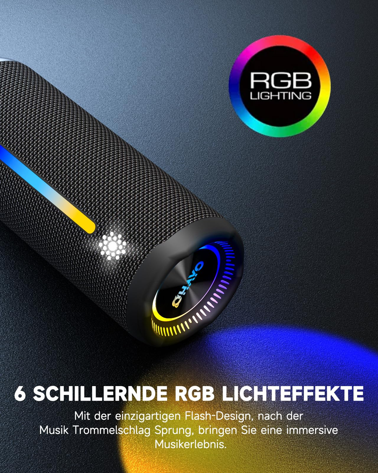 Schwarzer zylindrischer Lautsprecher mit farbenfrohen RGB-Lichteffekten, mit schwarzem Sockel.