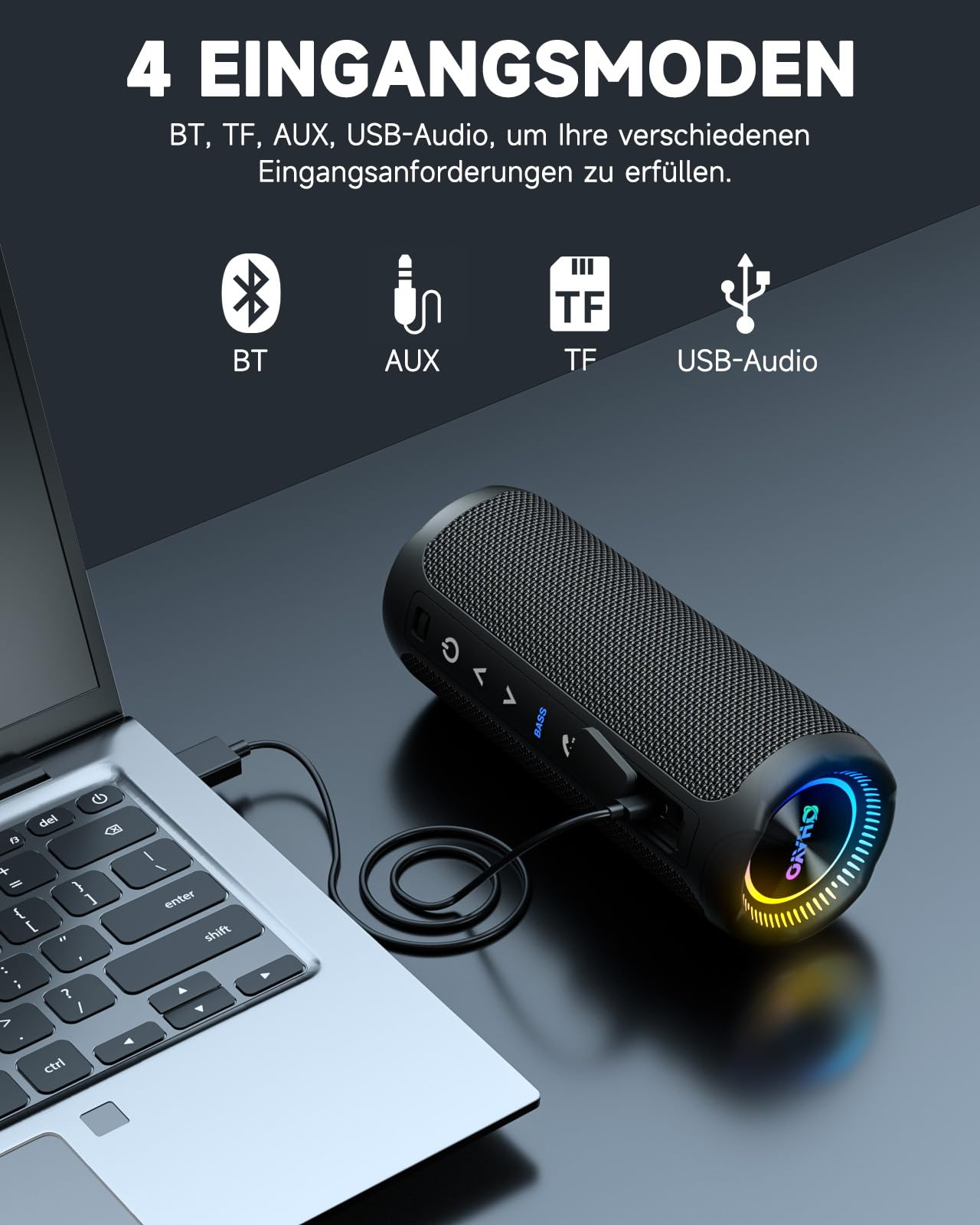 Schwarzer Lautsprecher, der über USB mit einem Laptop verbunden ist, mit Bildern, die mehrere Eingangsmodi zeigen.
