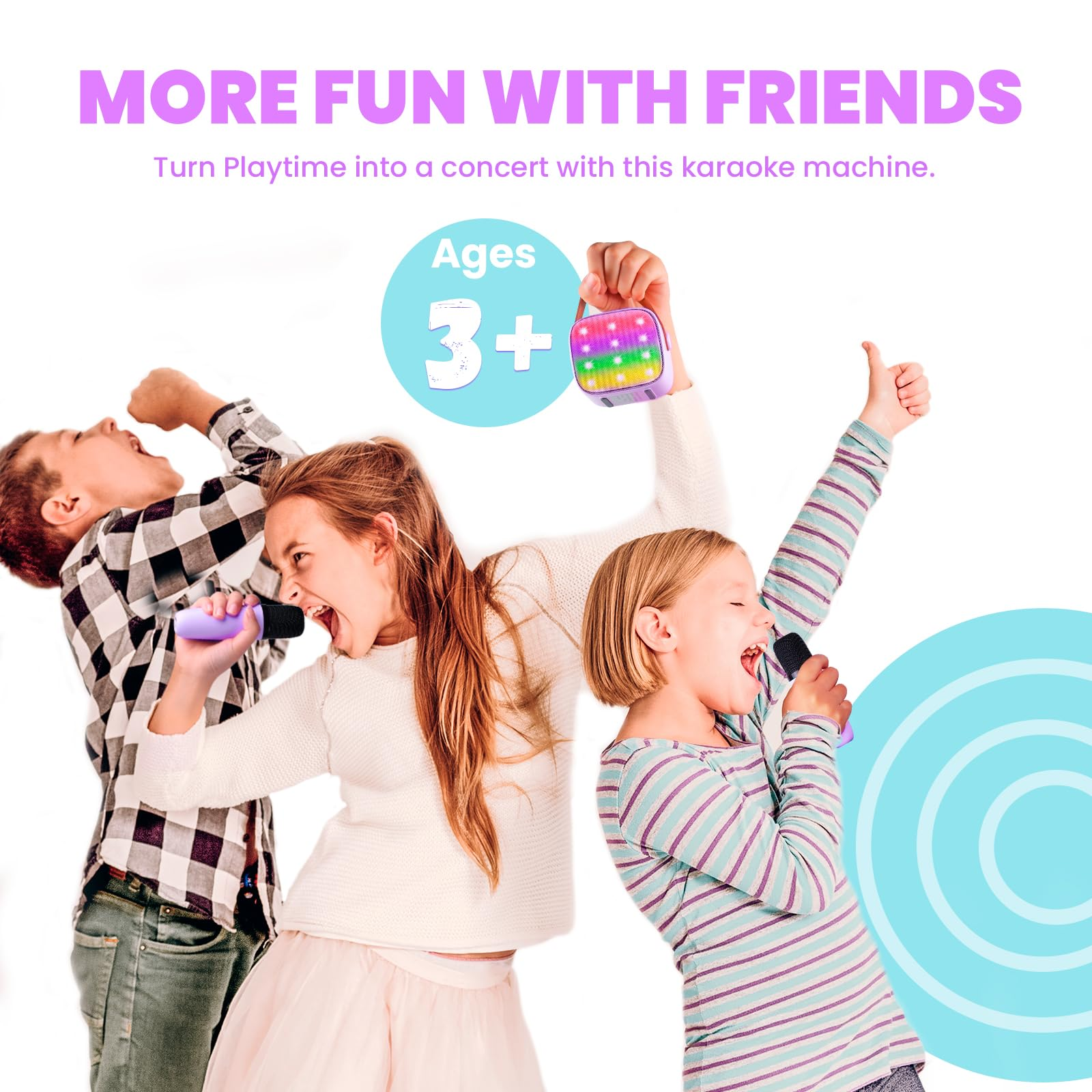 Drei Kinder singen in Mikrofone. Text: 'Mehr Spaß mit Freunden'. Blaue Kreisgrafik.