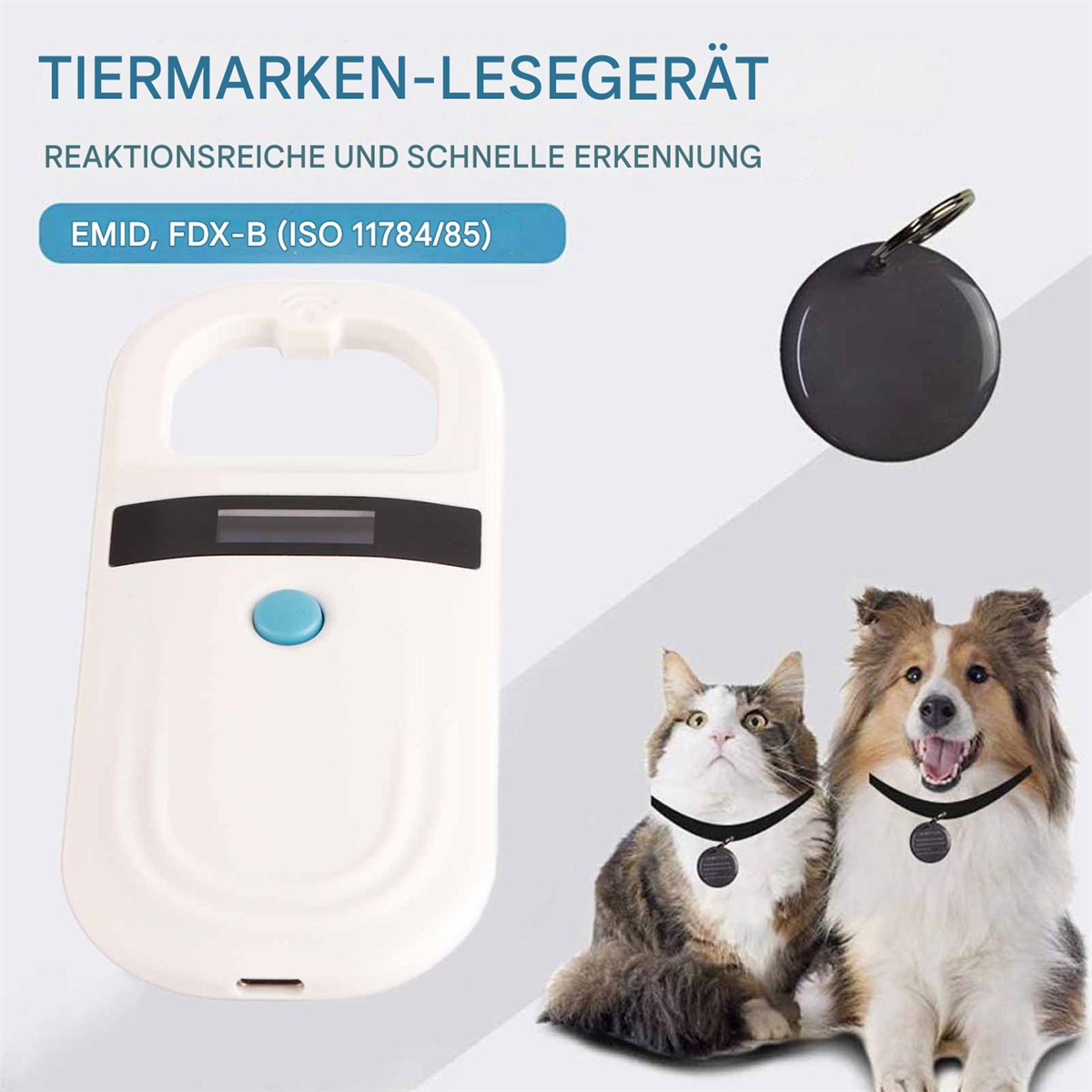 Ein tragbares Haustier-Mikrochip-Lesegerät. Bild einer Katze und eines Hundes. Text: 'Tierkmarken-Lesegerät'.