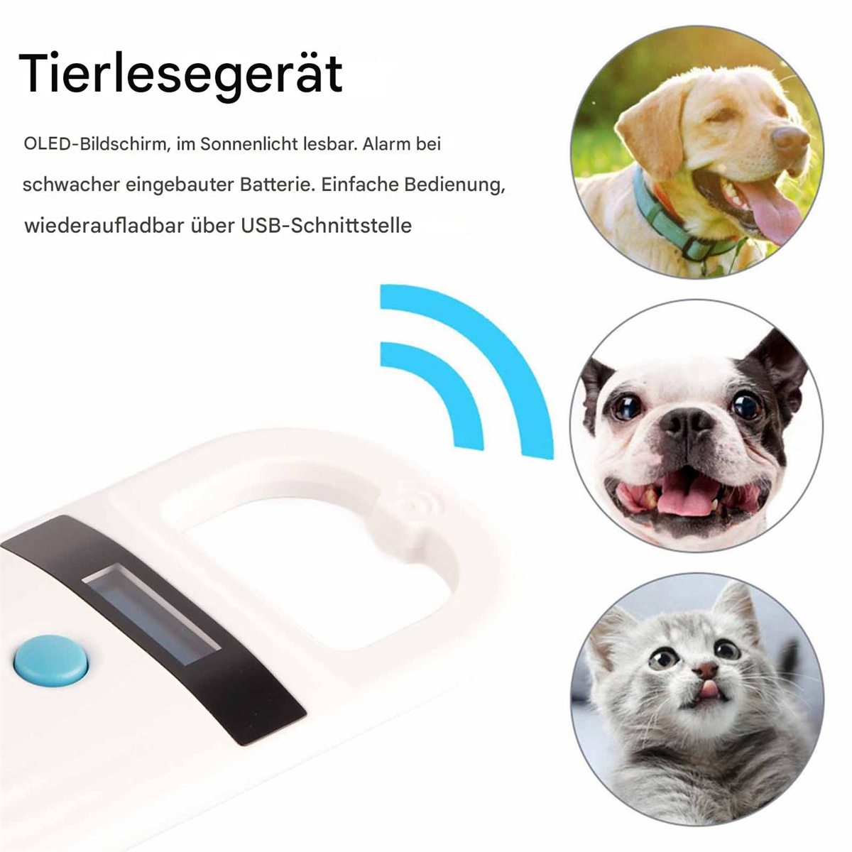 Haustier-Ortungsgerät mit Symbolen, mit drei Tierbildern und Text auf Deutsch. Das Gerät hat einen blauen Knopf.