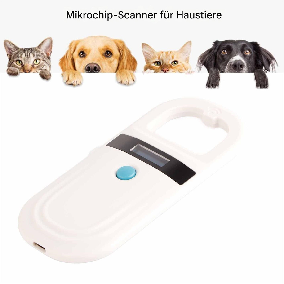 Ein weißer, tragbarer Mikrochip-Scanner mit Katze, Hund und zwei weiteren Haustieren. Text: 'Mikrochip-Scanner für Haustiere'.