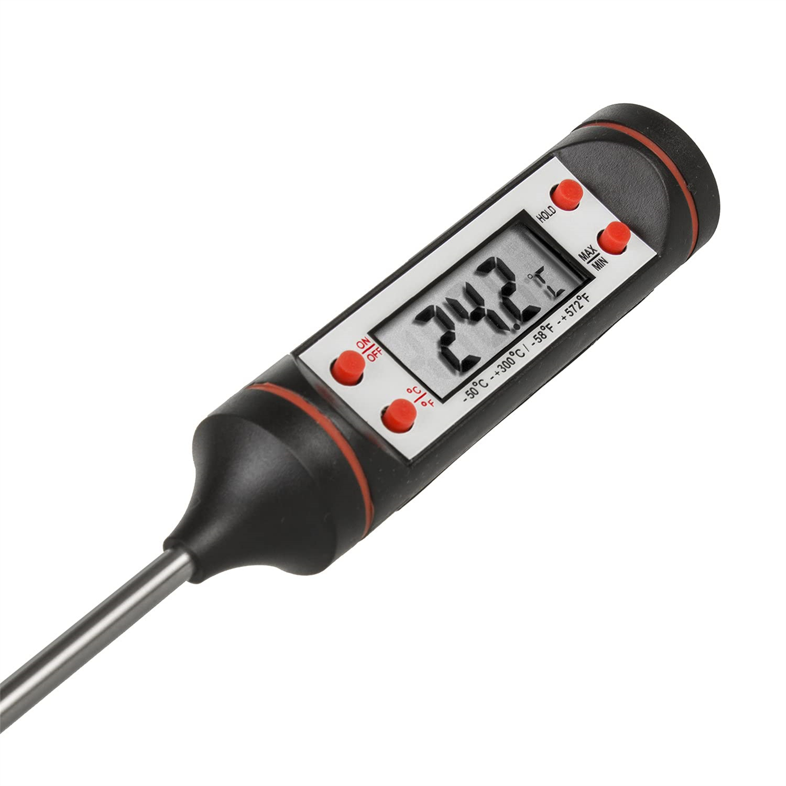 Ein digitales Thermometer, das 24,2 °C anzeigt. Das Thermometer ist schwarz und hat rote Knöpfe.