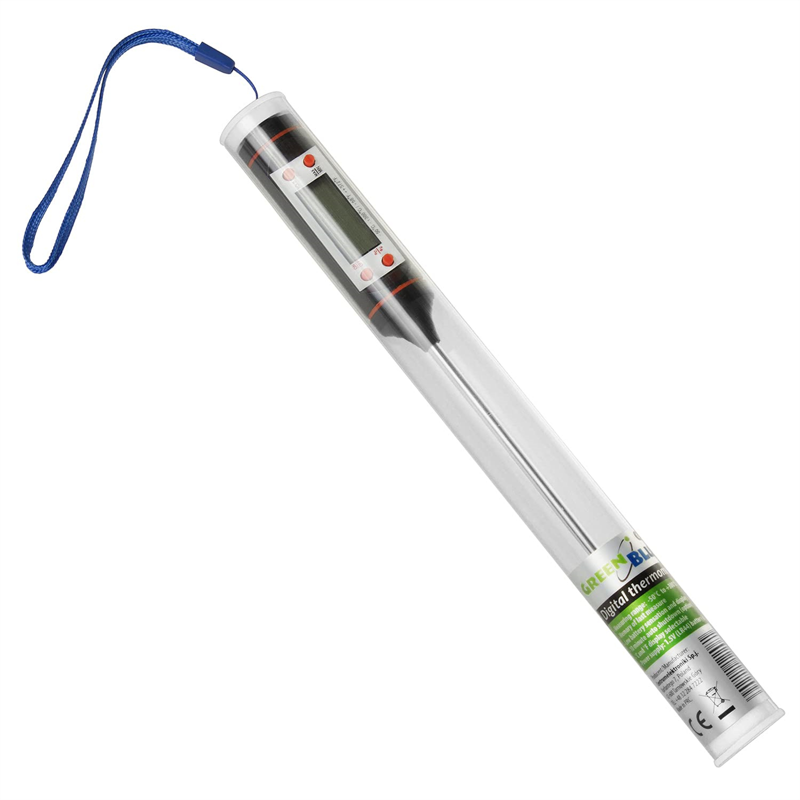 Ein digitales Thermometer in einem transparenten Gehäuse mit einem blauen Lanyard. Es befindet sich auf weißem Hintergrund.