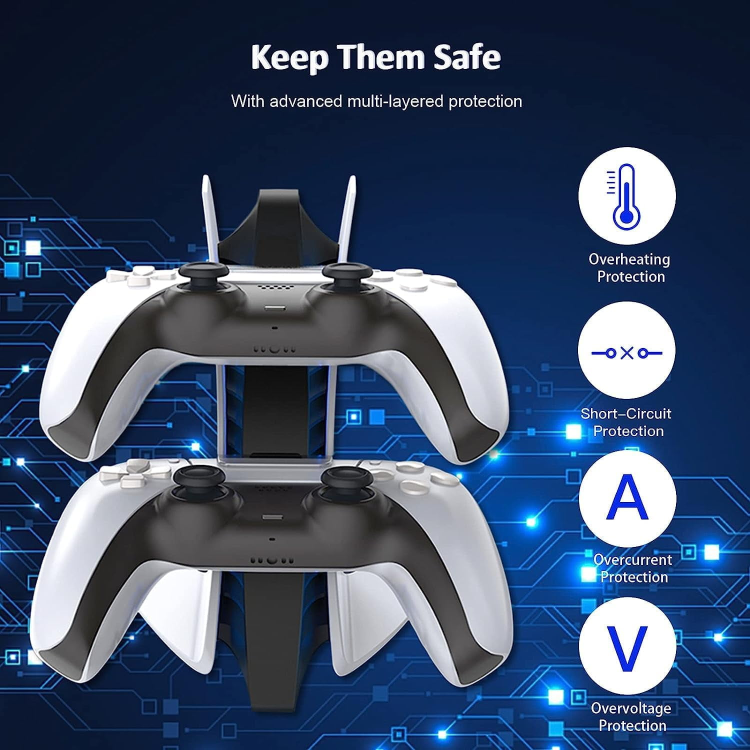 Zwei Gamecontroller auf einem Ladeständer. Text: 'Halten Sie sie sicher'. Grafiken für Schutzfunktionen.