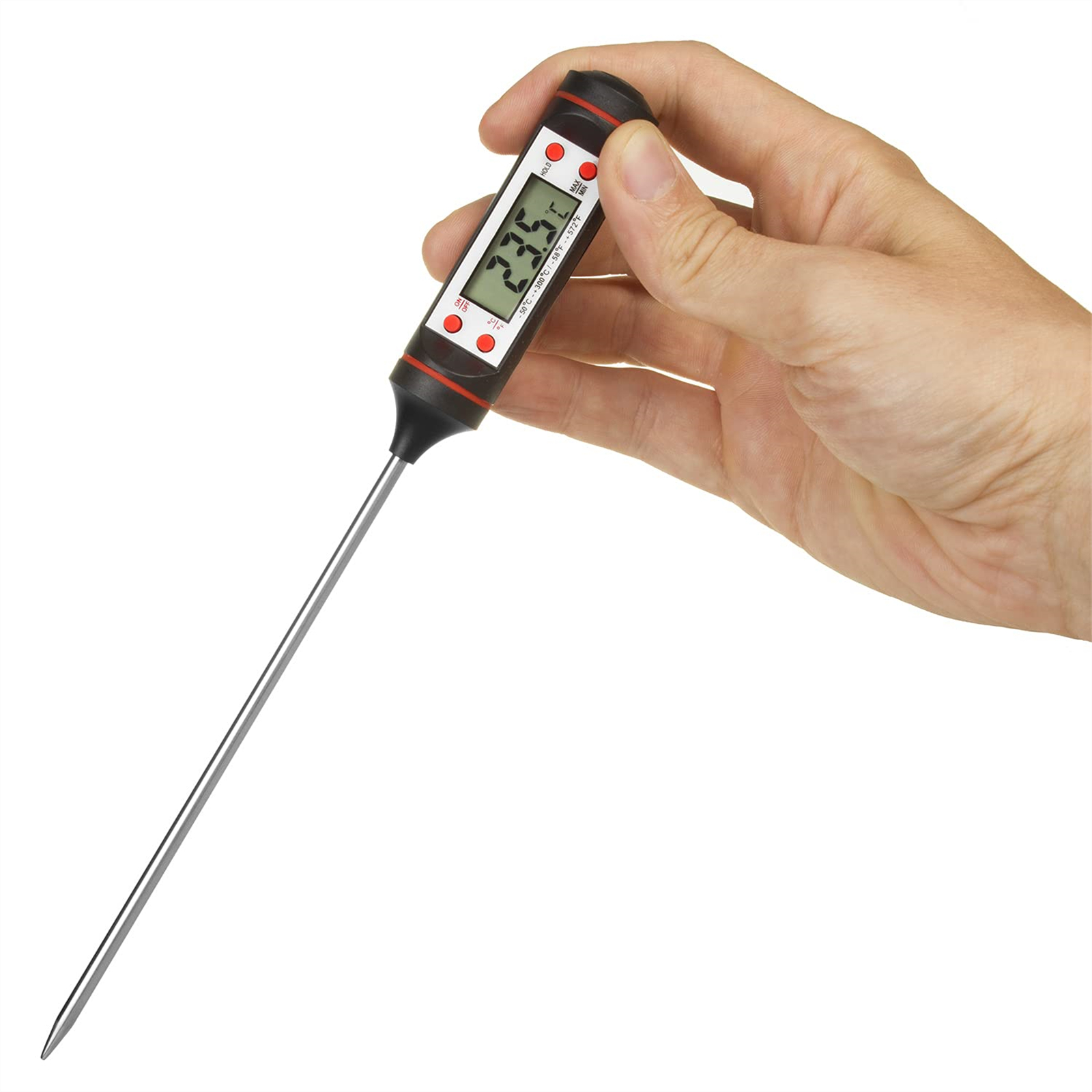Eine Hand, die ein digitales Thermometer hält, das 23,5°C anzeigt. Das Thermometer ist schwarz und rot.