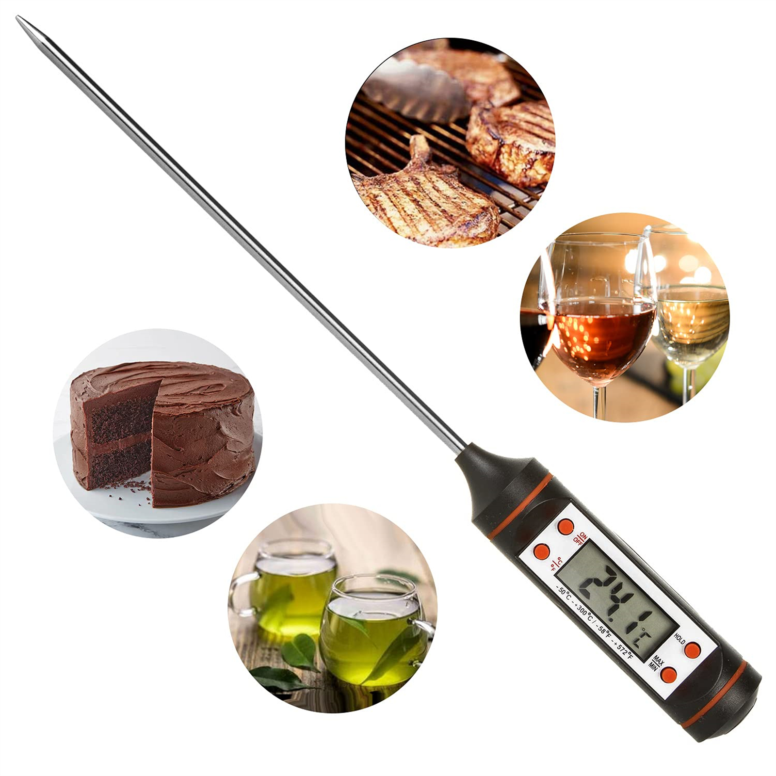 Digitales Thermometer mit Bildern von Speisen: Steak, Kuchen, Tee und Wein.