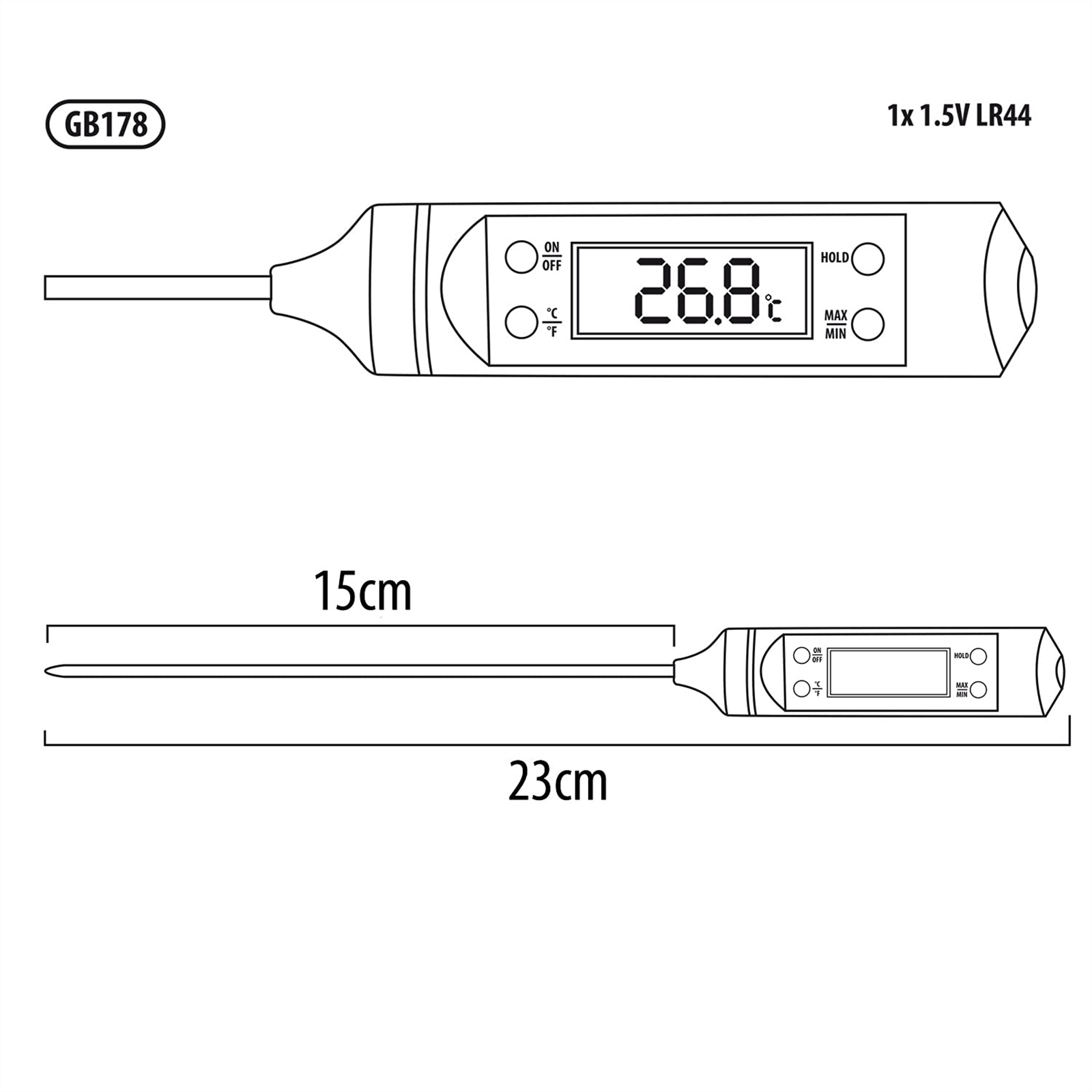 Diagramm eines digitalen Thermometers mit Abmessungen und Anzeige. Das Thermometer ist schwarz und weiß.