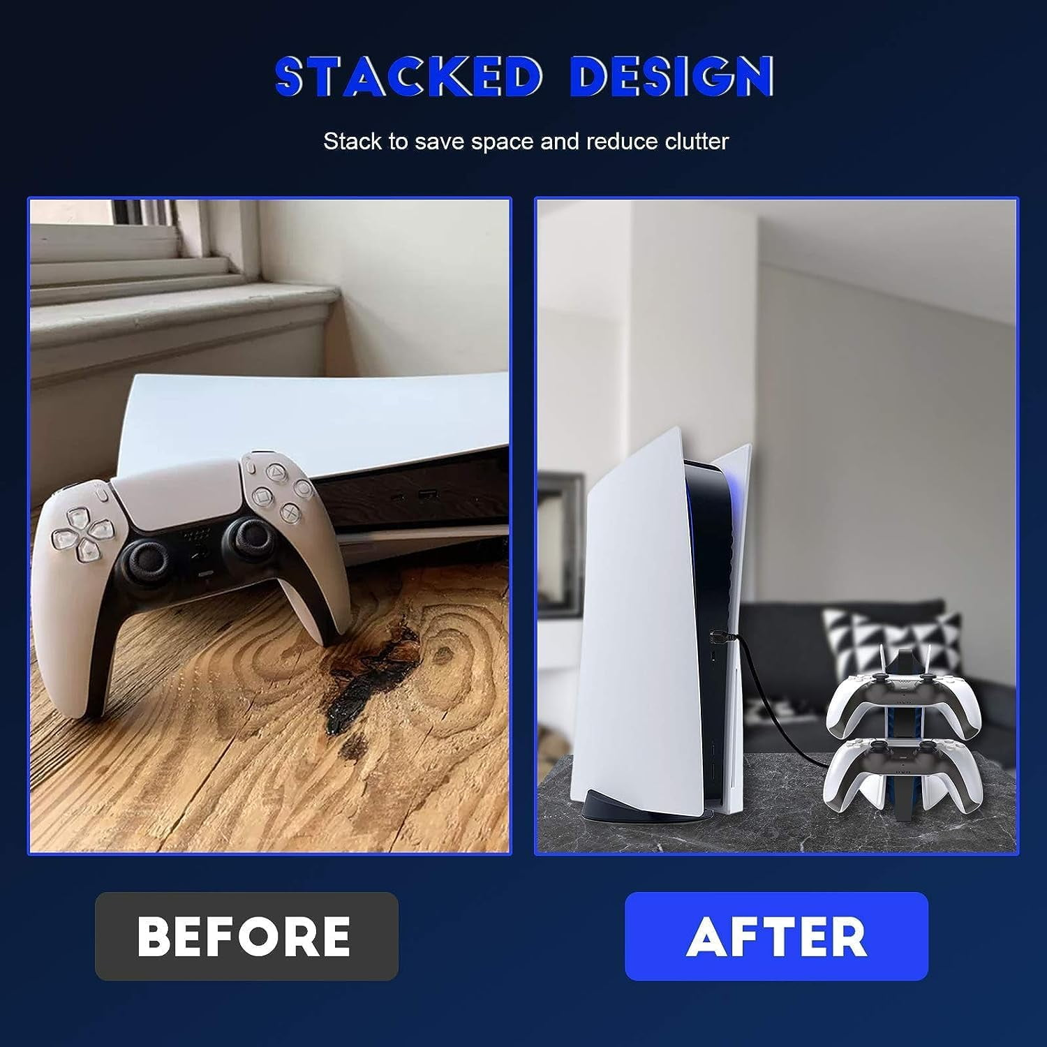 Vorher-Nachher-Bilder eines Gaming-Setups, die das platzsparende Design hervorheben.