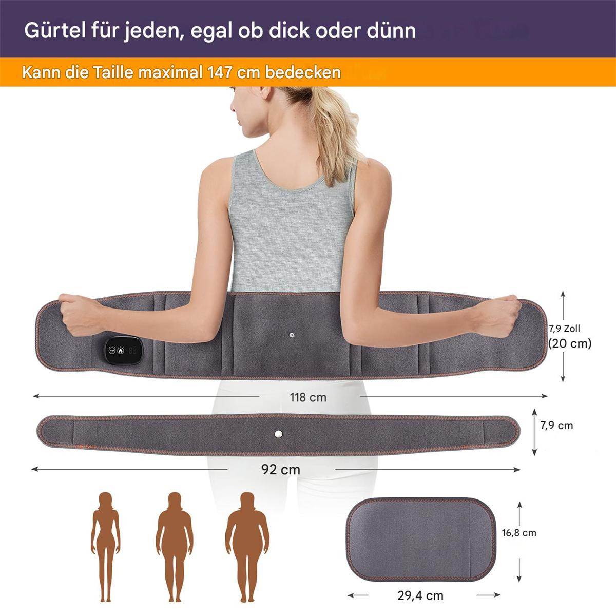 Eine Frau trägt einen grauen Gürtel mit Abmessungen und Illustrationen von Körpertypen.
