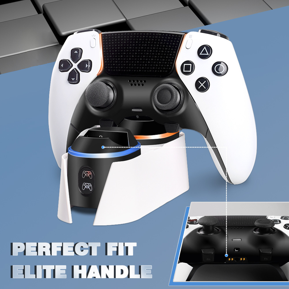 Weißer und schwarzer Gamecontroller auf einer weißen Ladestation. Text: Perfect Fit Elite Handle.