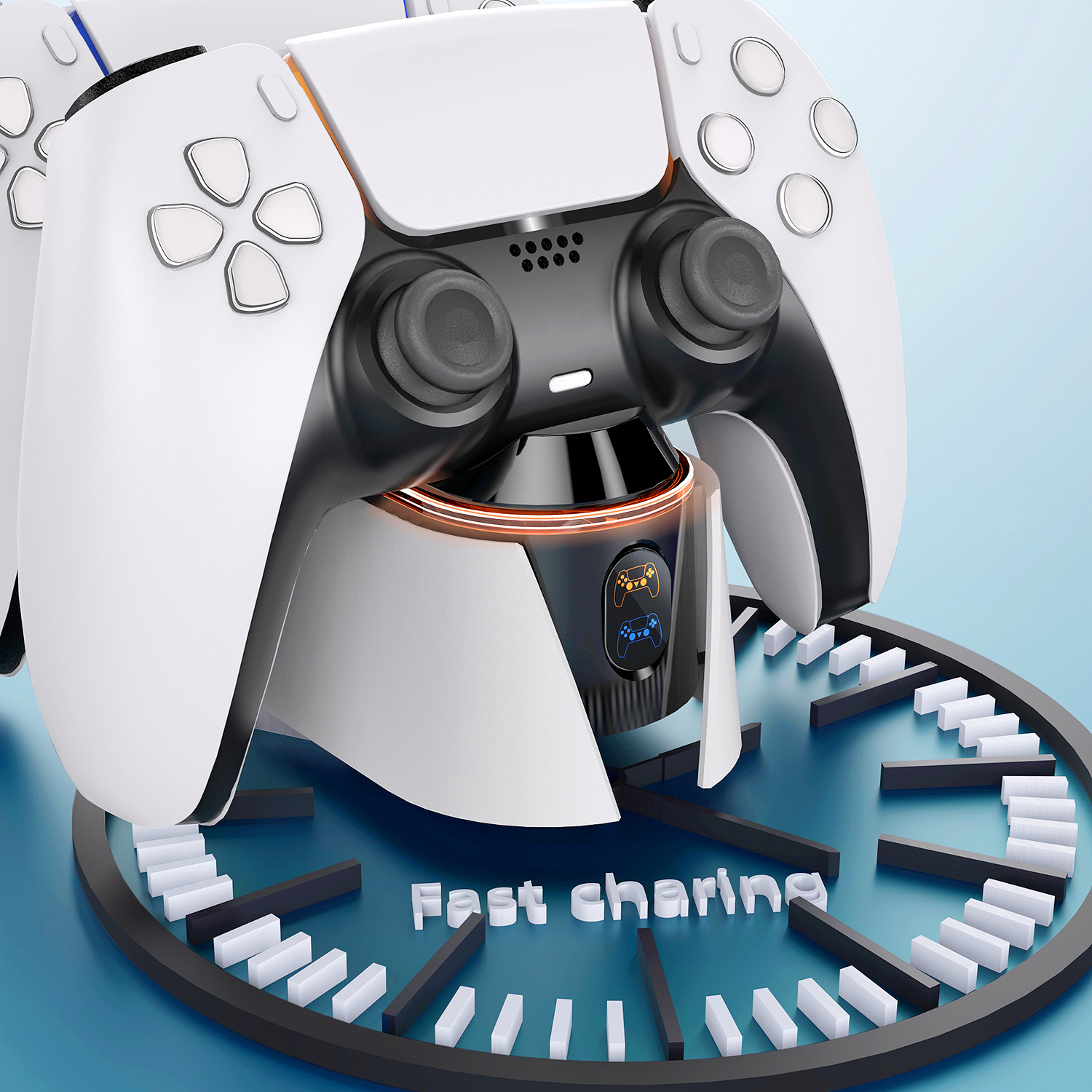 Weißer und schwarzer Gamecontroller auf einer Ladestation mit Text: Schnelles Teilen.